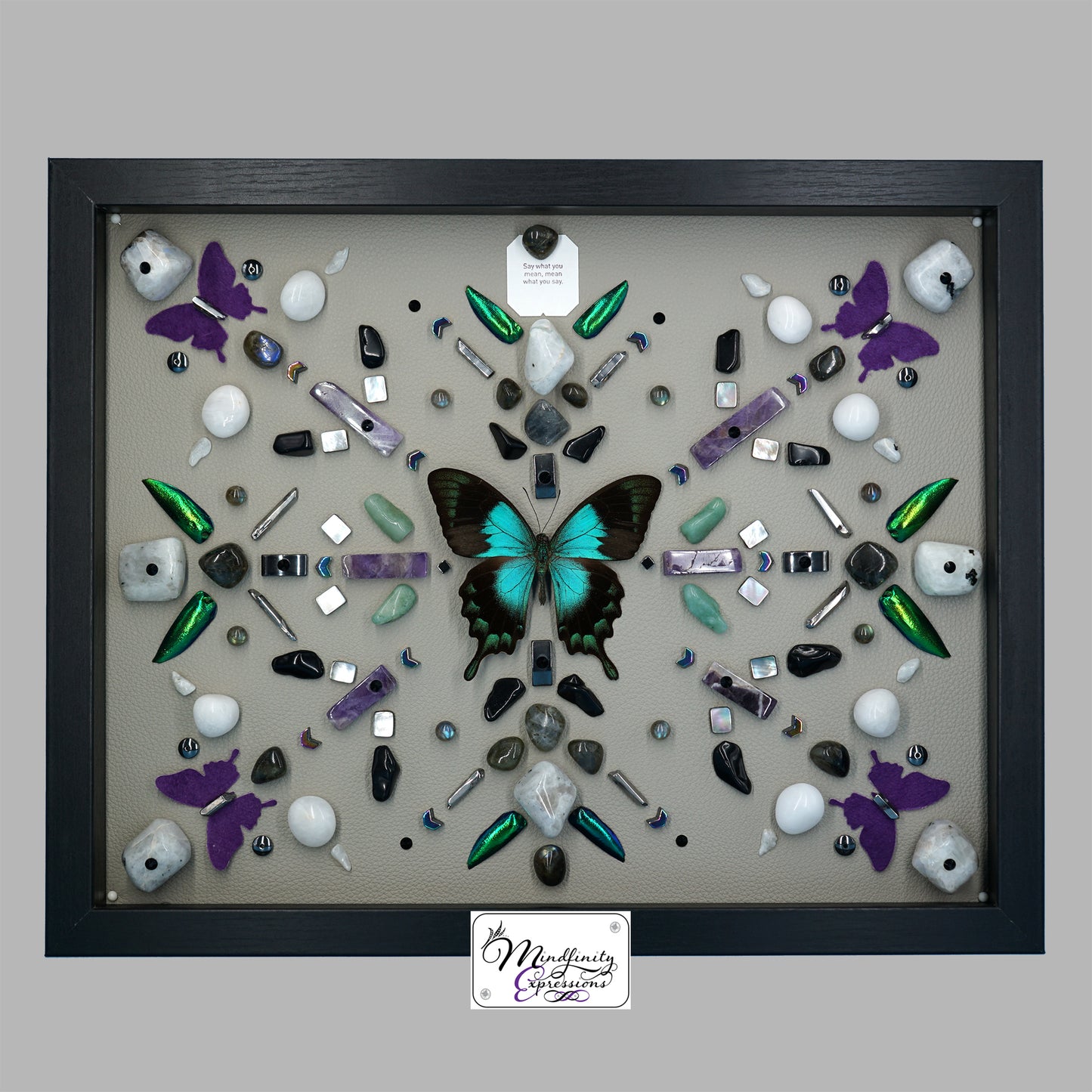 shadow box art, Blue/green swallowtail butterfly, crystals, Swarovski crystals, Natuzzi Italia leather, leather butterflies, gemstones, gems, sacred geometry, healing art, crystal art, crystal grid, energy healing, crystal healing, crystal energy, crystal grid, healing, healing energy, healing art, sacred geometry, handmade, luxury art, Amethyst, Green Aventurine, Labradorite, Hematite, Mother of Pearl, Rainbow Moonstone, King Quartz, Silver Plated Quartz, Black Obsidian,