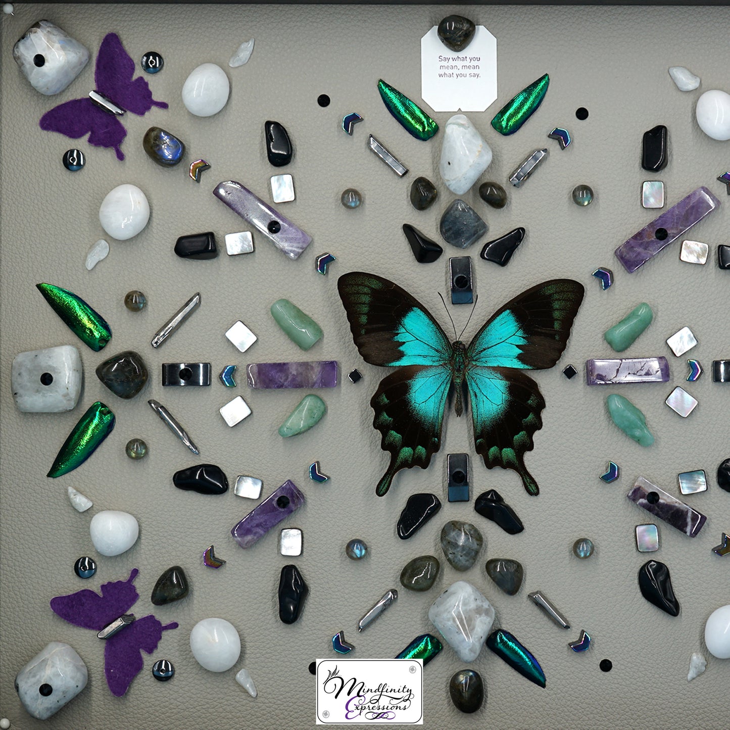 shadow box art, Blue/green swallowtail butterfly, crystals, Swarovski crystals, Natuzzi Italia leather, leather butterflies, gemstones, gems, sacred geometry, healing art, crystal art, crystal grid, energy healing, crystal healing, crystal energy, crystal grid, healing, healing energy, healing art, sacred geometry, handmade, luxury art, Amethyst, Green Aventurine, Labradorite, Hematite, Mother of Pearl, Rainbow Moonstone, King Quartz, Silver Plated Quartz, Black Obsidian,