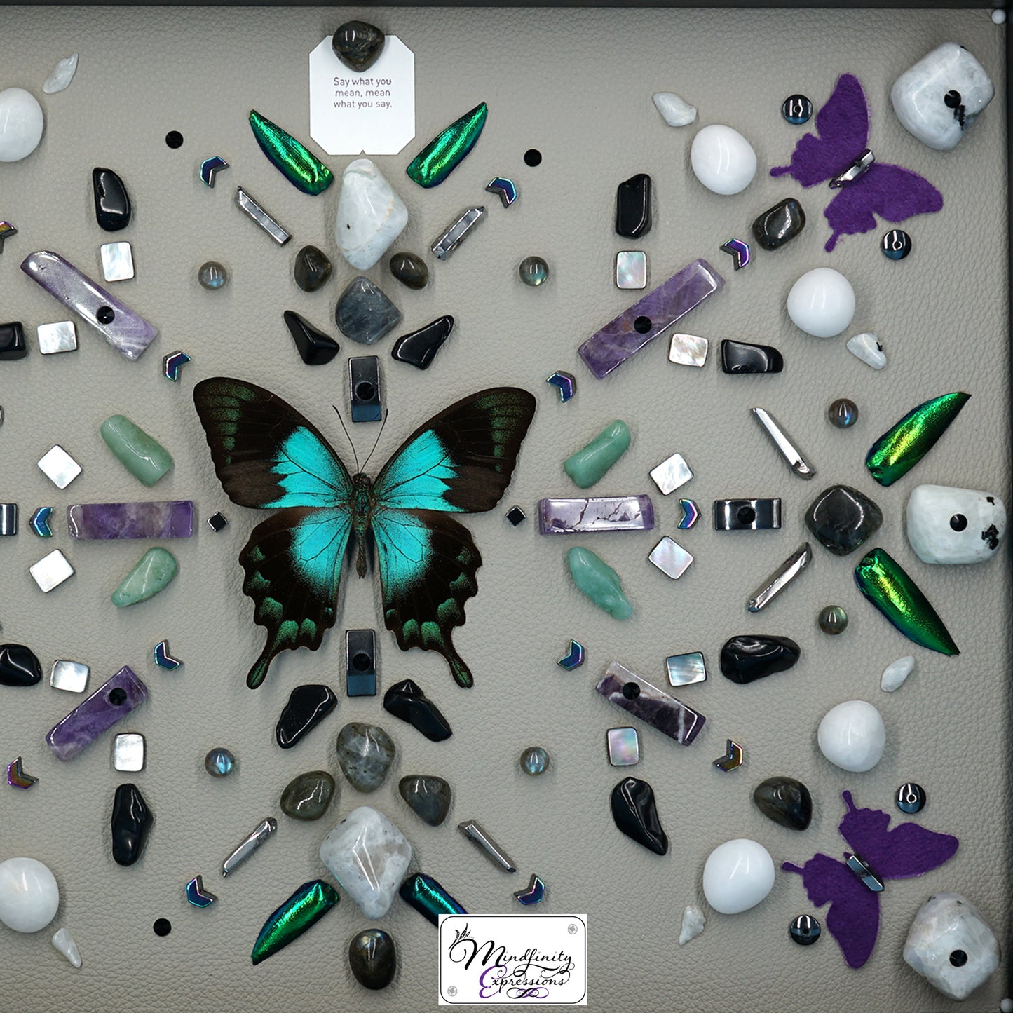 shadow box art, Blue/green swallowtail butterfly, crystals, Swarovski crystals, Natuzzi Italia leather, leather butterflies, gemstones, gems, sacred geometry, healing art, crystal art, crystal grid, energy healing, crystal healing, crystal energy, crystal grid, healing, healing energy, healing art, sacred geometry, handmade, luxury art, Amethyst, Green Aventurine, Labradorite, Hematite, Mother of Pearl, Rainbow Moonstone, King Quartz, Silver Plated Quartz, Black Obsidian,