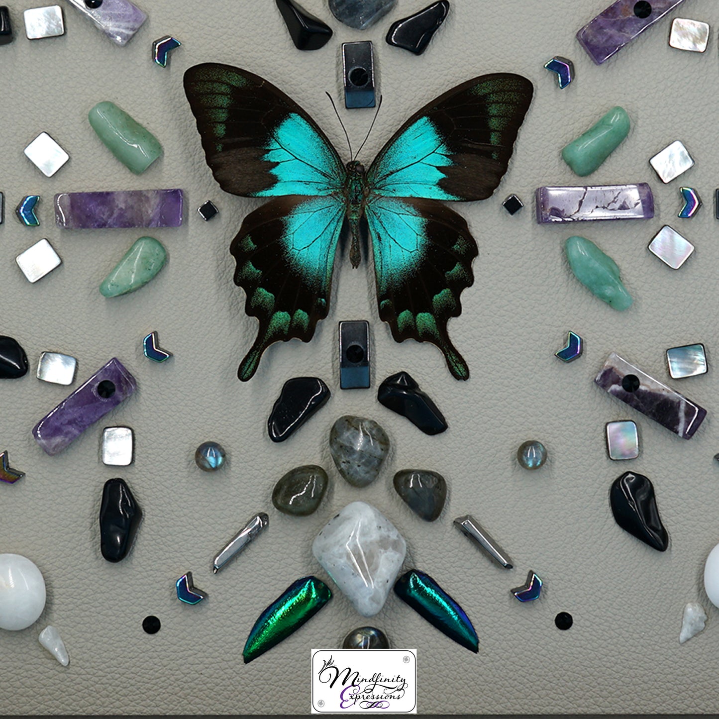 shadow box art, Blue/green swallowtail butterfly, crystals, Swarovski crystals, Natuzzi Italia leather, leather butterflies, gemstones, gems, sacred geometry, healing art, crystal art, crystal grid, energy healing, crystal healing, crystal energy, crystal grid, healing, healing energy, healing art, sacred geometry, handmade, luxury art, Amethyst, Green Aventurine, Labradorite, Hematite, Mother of Pearl, Rainbow Moonstone, King Quartz, Silver Plated Quartz, Black Obsidian,