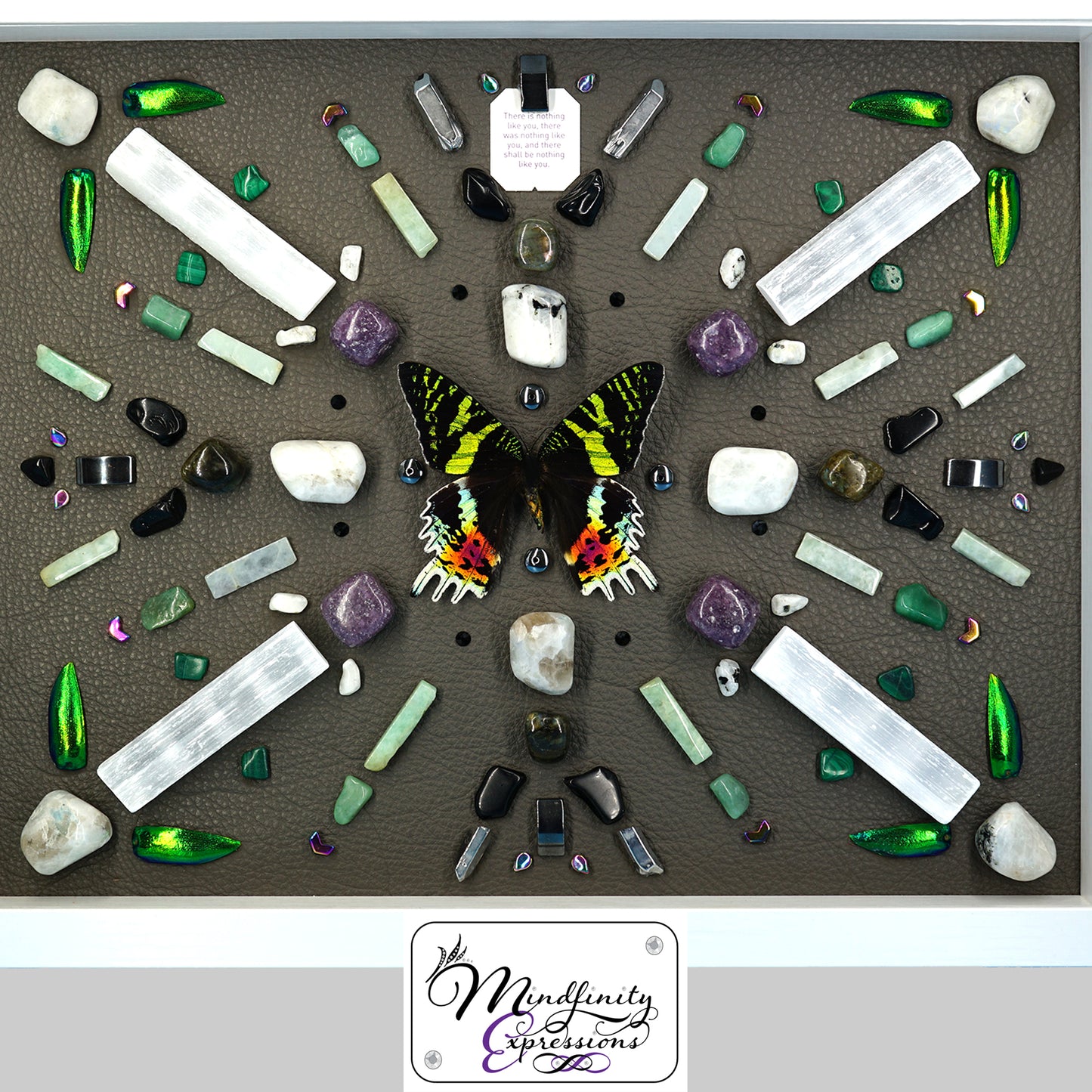 shadow box art, Sunset Moth, green beetle wings, Calligaris genuine leather, crystals, Swarovski crystals, gemstones, gems, sacred geometry, healing art, crystal art, crystal grid, energy healing, crystal healing, crystal energy, crystal grid, healing, healing energy, healing art, sacred geometry, handmade, luxury art, Amazonite, Green Aventurine, Malachite, Lepidolite, Labradorite, Hematite, Rainbow Moonstone, Selenite, Silver Plated Quartz, Black Obsidian