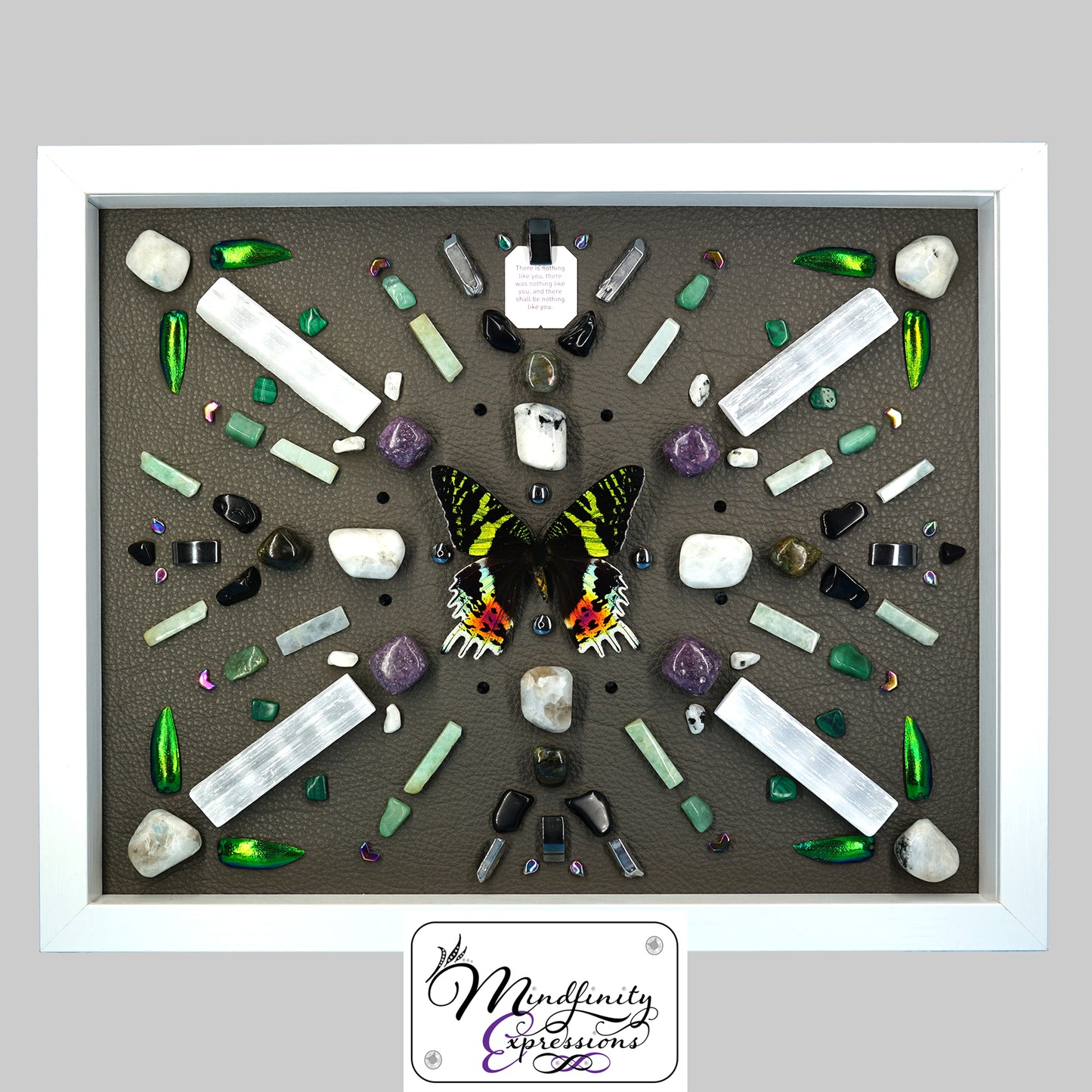 shadow box art, Sunset Moth, green beetle wings, Calligaris genuine leather, crystals, Swarovski crystals, gemstones, gems, sacred geometry, healing art, crystal art, crystal grid, energy healing, crystal healing, crystal energy, crystal grid, healing, healing energy, healing art, sacred geometry, handmade, luxury art, Amazonite, Green Aventurine, Malachite, Lepidolite, Labradorite, Hematite, Rainbow Moonstone, Selenite, Silver Plated Quartz, Black Obsidian