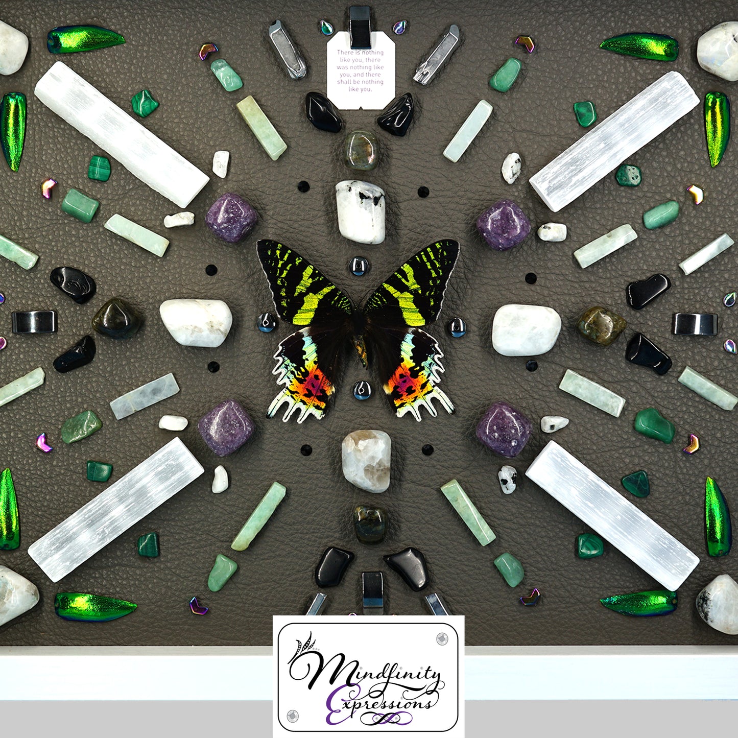 shadow box art, Sunset Moth, green beetle wings, Calligaris genuine leather, crystals, Swarovski crystals, gemstones, gems, sacred geometry, healing art, crystal art, crystal grid, energy healing, crystal healing, crystal energy, crystal grid, healing, healing energy, healing art, sacred geometry, handmade, luxury art, Amazonite, Green Aventurine, Malachite, Lepidolite, Labradorite, Hematite, Rainbow Moonstone, Selenite, Silver Plated Quartz, Black Obsidian