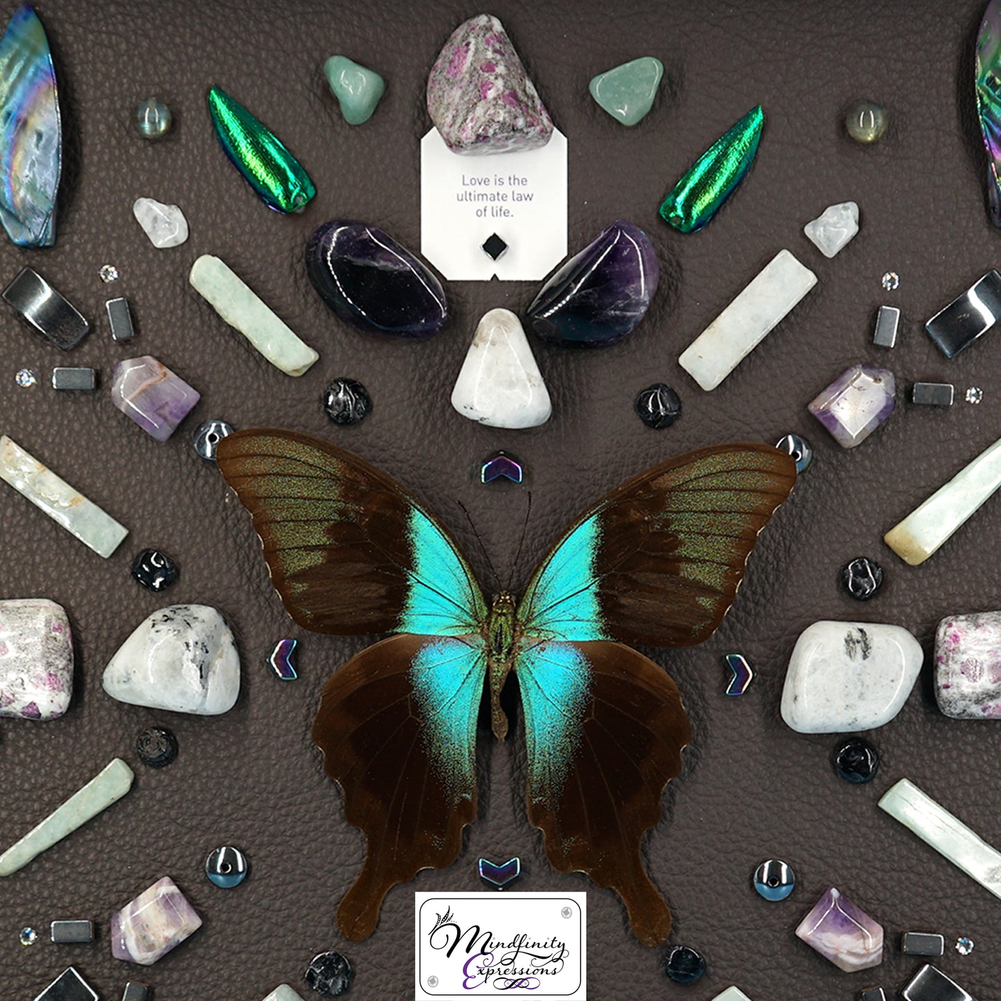 shadow box art, aqua green/brown butterfly, Calligaris genuine leather, crystals, Swarovski crystals, gemstones, gems, sacred geometry, healing art, crystal art, crystal grid, energy healing, crystal healing, crystal energy, crystal grid, healing, healing energy, healing art, sacred geometry, handmade, luxury art, Amethyst, Green Aventurine, Jade, Ruby in Matrix, Labradorite, Hematite, Rainbow Moonstone, Black Tourmaline