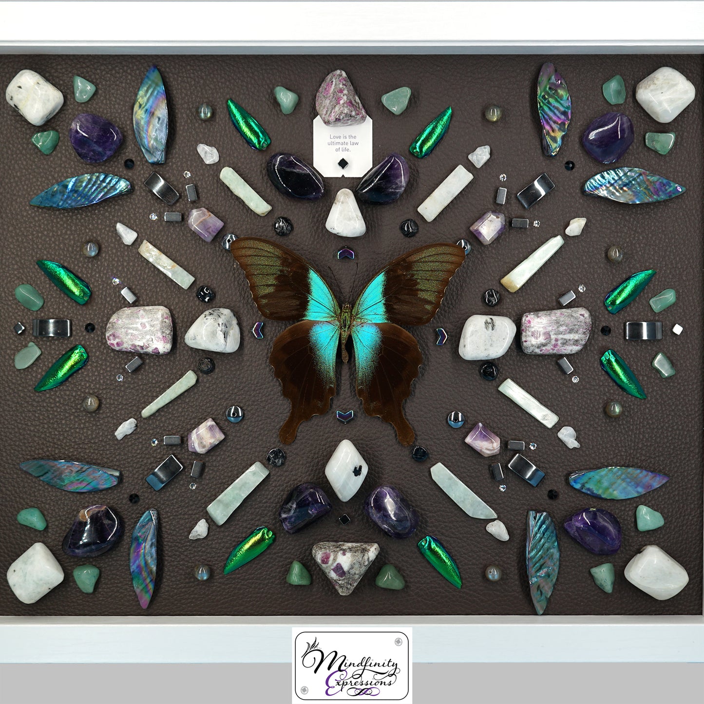 shadow box art, aqua green/brown butterfly, Calligaris genuine leather, crystals, Swarovski crystals, gemstones, gems, sacred geometry, healing art, crystal art, crystal grid, energy healing, crystal healing, crystal energy, crystal grid, healing, healing energy, healing art, sacred geometry, handmade, luxury art, Amethyst, Green Aventurine, Jade, Ruby in Matrix, Labradorite, Hematite, Rainbow Moonstone, Black Tourmaline