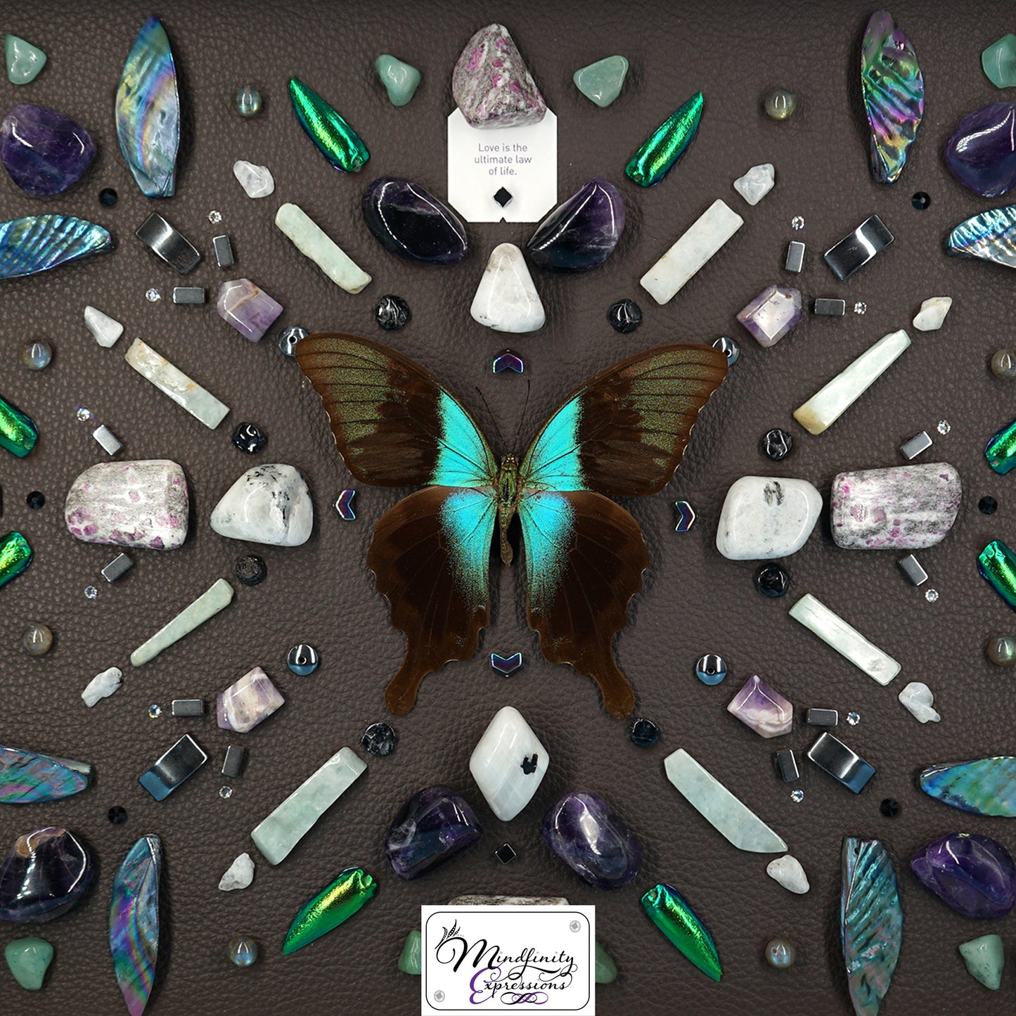shadow box art, aqua green/brown butterfly, Calligaris genuine leather, crystals, Swarovski crystals, gemstones, gems, sacred geometry, healing art, crystal art, crystal grid, energy healing, crystal healing, crystal energy, crystal grid, healing, healing energy, healing art, sacred geometry, handmade, luxury art, Amethyst, Green Aventurine, Jade, Ruby in Matrix, Labradorite, Hematite, Rainbow Moonstone, Black Tourmaline