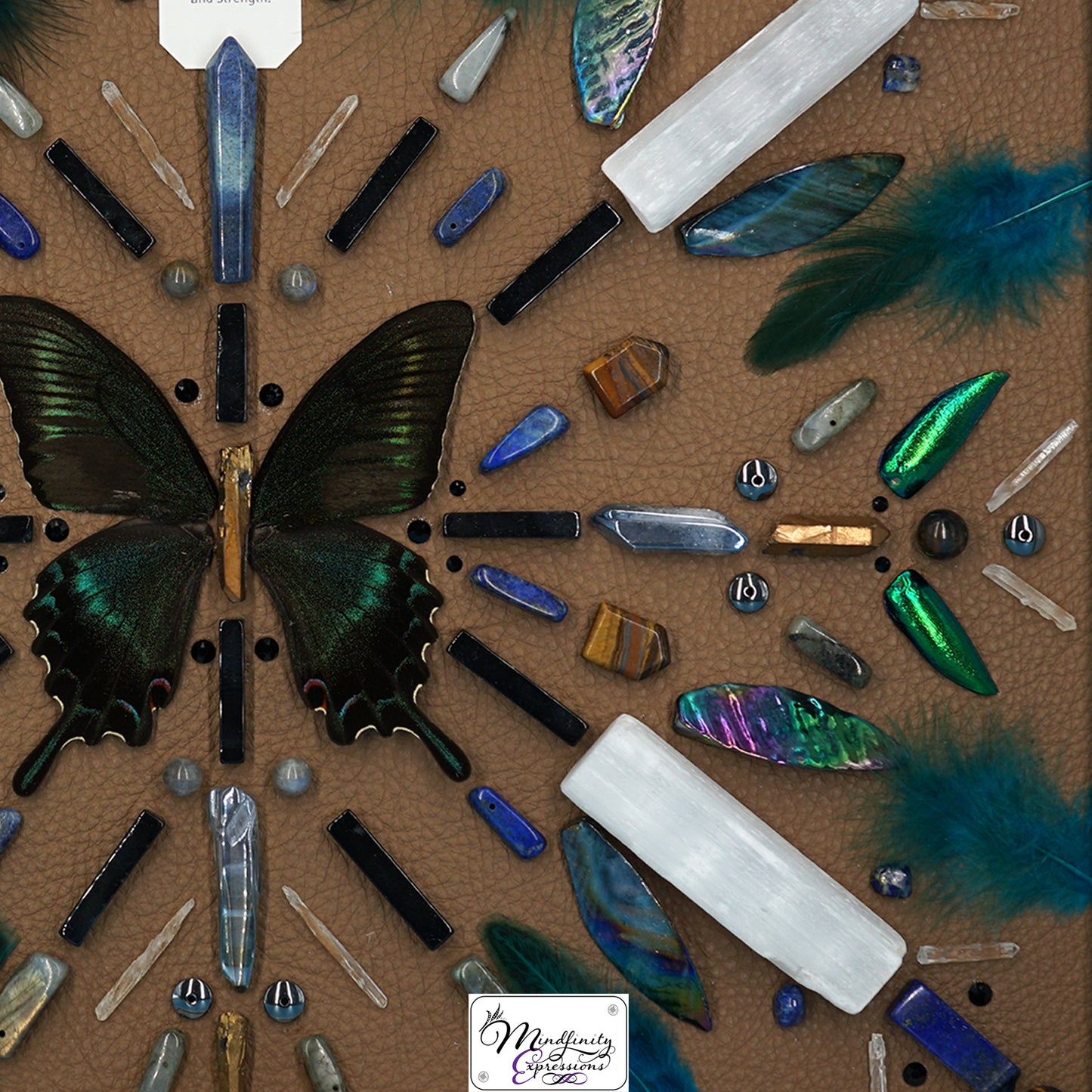 shadow box art, Swallowtail butterfly, Natuzzi genuine leather, crystals, Swarovski crystals, gemstones, gems, sacred geometry, healing art, crystal art, crystal grid, energy healing, crystal healing, crystal energy, crystal grid, healing, healing energy, healing art, sacred geometry, handmade, luxury art, Tiger Eye, Lapis Lazuli, Sodalite, Clear Quartz, Aura Quartz, Hematite, Labradorite, Mother of Pearl, Selenite, Black Agate