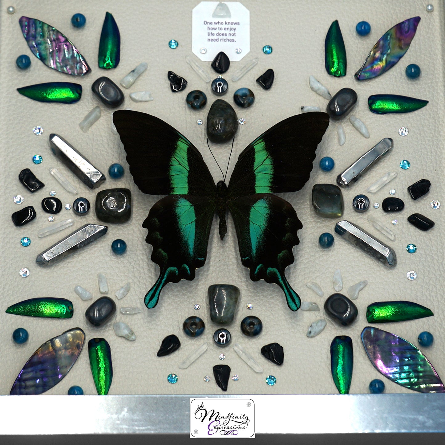 shadow box art, Peacock Swallowtail butterfly, Natuzzi Italia genuine leather, crystals, Swarovski crystals, gemstones, gems, sacred geometry, healing art, crystal art, crystal grid, energy healing, crystal healing, crystal energy, crystal grid, healing, healing energy, healing art, sacred geometry, handmade, luxury art, Amazonite, Rainbow Moonstone, Labradorite, Hematite, Impression Jasper, Clear Quartz, Silver Plated Quartz, Black Tourmaline