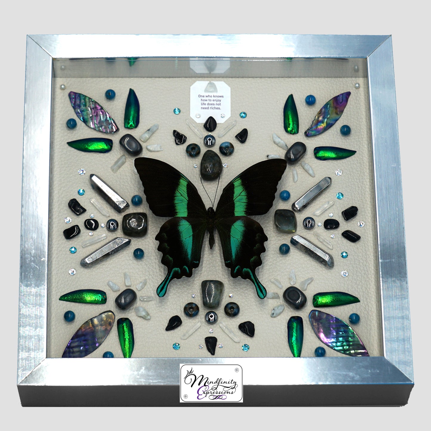 shadow box art, Peacock Swallowtail butterfly, Natuzzi Italia genuine leather, crystals, Swarovski crystals, gemstones, gems, sacred geometry, healing art, crystal art, crystal grid, energy healing, crystal healing, crystal energy, crystal grid, healing, healing energy, healing art, sacred geometry, handmade, luxury art, Amazonite, Rainbow Moonstone, Labradorite, Hematite, Impression Jasper, Clear Quartz, Silver Plated Quartz, Black Tourmaline