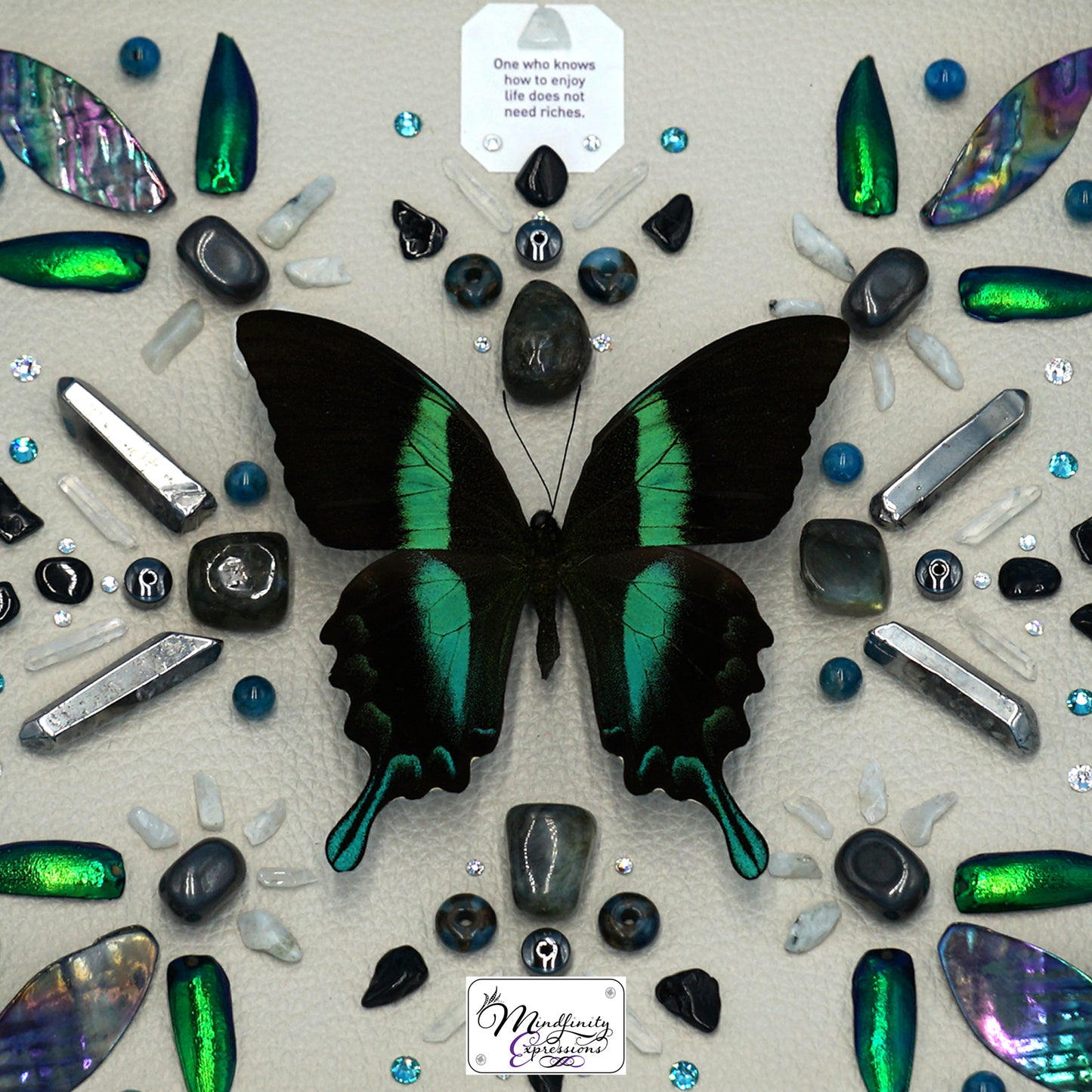 shadow box art, Peacock Swallowtail butterfly, Natuzzi Italia genuine leather, crystals, Swarovski crystals, gemstones, gems, sacred geometry, healing art, crystal art, crystal grid, energy healing, crystal healing, crystal energy, crystal grid, healing, healing energy, healing art, sacred geometry, handmade, luxury art, Amazonite, Rainbow Moonstone, Labradorite, Hematite, Impression Jasper, Clear Quartz, Silver Plated Quartz, Black Tourmaline