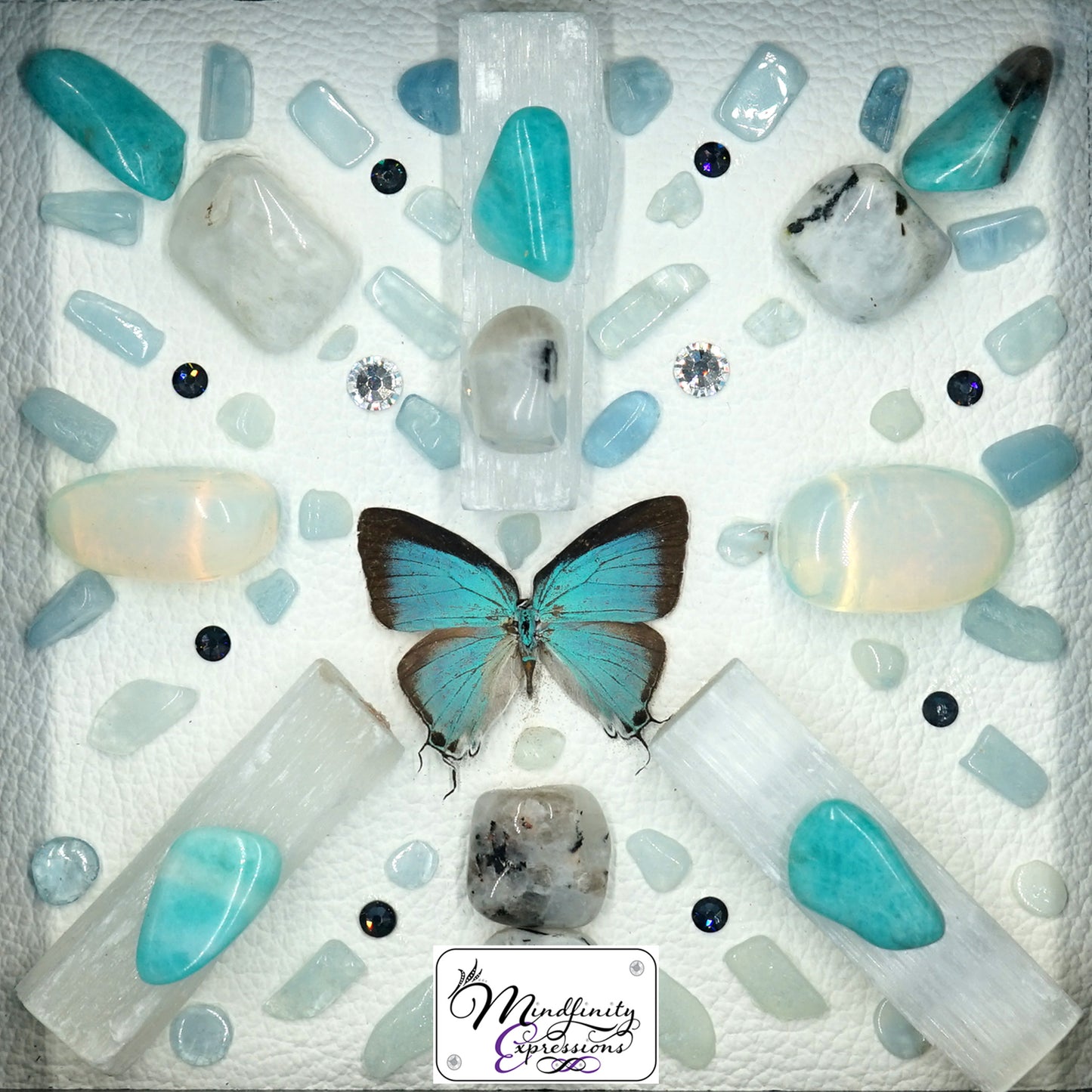 shadow box art, blue Hairstreak Butterfly, Calligaris genuine leather, crystals, Swarovski crystals, gemstones, gems, sacred geometry, healing art, crystal art, crystal grid, energy healing, crystal healing, crystal energy, crystal grid, healing, healing energy, healing art, sacred geometry, handmade, luxury art, Amazonite, Aquamarine, Rainbow Moonstone, Opalite, Selenite