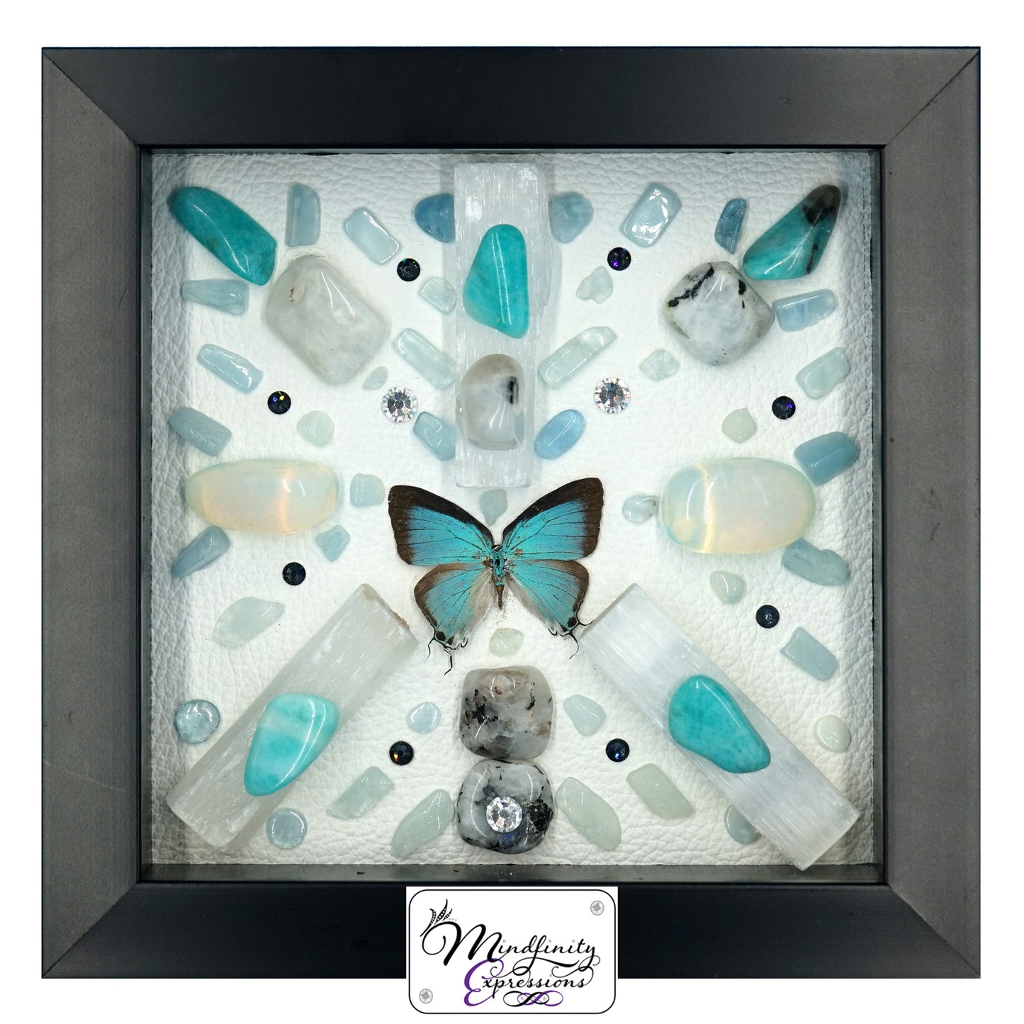 shadow box art, blue Hairstreak Butterfly, Calligaris genuine leather, crystals, Swarovski crystals, gemstones, gems, sacred geometry, healing art, crystal art, crystal grid, energy healing, crystal healing, crystal energy, crystal grid, healing, healing energy, healing art, sacred geometry, handmade, luxury art, Amazonite, Aquamarine, Rainbow Moonstone, Opalite, Selenite