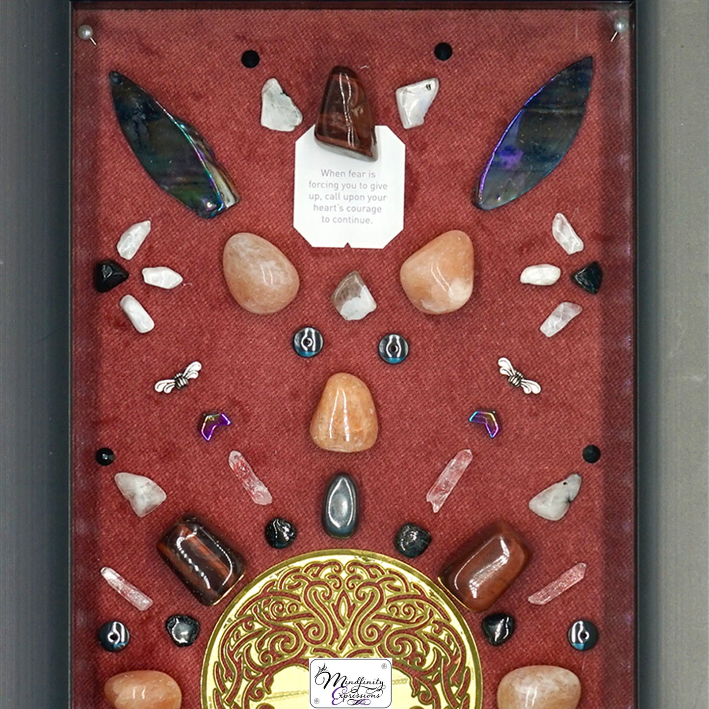 shadow box art, 18K Gold Tree of Life medallion, Natuzzi Italia coral velvet, crystals, Swarovski crystals, gemstones, gems, sacred geometry, healing art, crystal art, crystal grid, energy healing, crystal healing, crystal energy, crystal grid, healing, healing energy, healing art, sacred geometry, handmade, luxury art, Red Aventurine, Red Tiger Eye, Clear Quartz, Hematite, Rainbow Moonstone, Mother of Pearl, Black Tourmaline