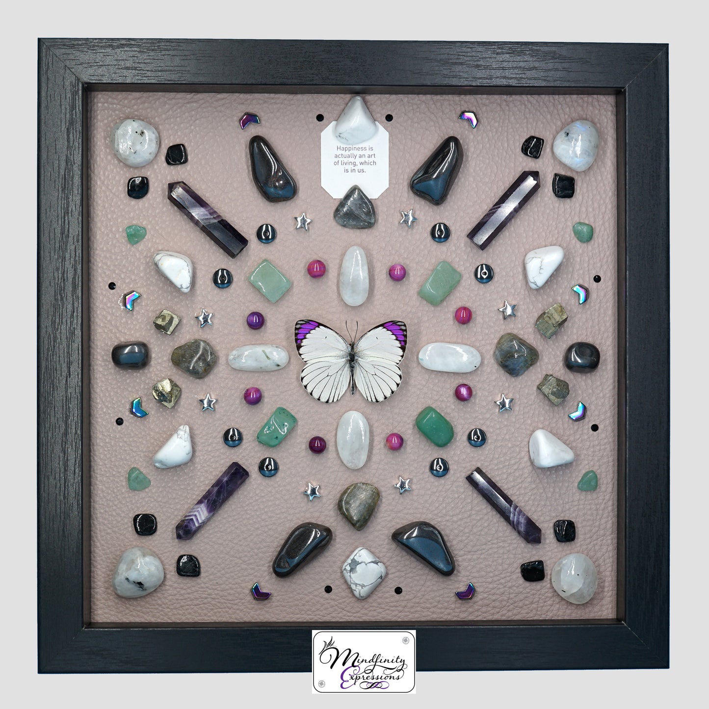shadow box art, Colotis Regina white and purple butterfly, Natuzzi Italia genuine leather, crystals, Swarovski crystals, gemstones, gems, sacred geometry, healing art, crystal art, crystal grid, energy healing, crystal healing, crystal energy, crystal grid, healing, healing energy, healing art, sacred geometry, handmade, luxury art, Chevron Amethyst, Green Aventurine, Mother of Pearl, Labradorite, Hematite, Howlite, Pyrite, Black Tourmaline