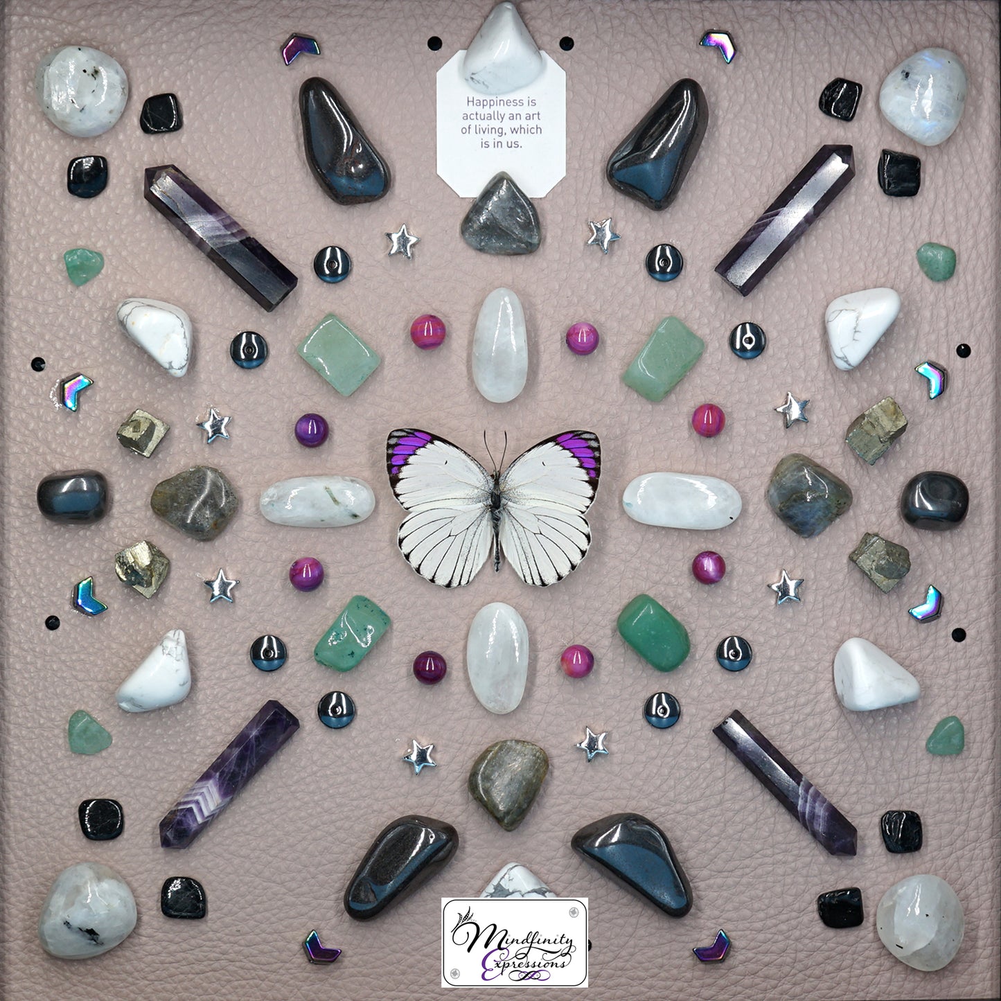 shadow box art, Colotis Regina white and purple butterfly, Natuzzi Italia genuine leather, crystals, Swarovski crystals, gemstones, gems, sacred geometry, healing art, crystal art, crystal grid, energy healing, crystal healing, crystal energy, crystal grid, healing, healing energy, healing art, sacred geometry, handmade, luxury art, Chevron Amethyst, Green Aventurine, Mother of Pearl, Labradorite, Hematite, Howlite, Pyrite, Black Tourmaline