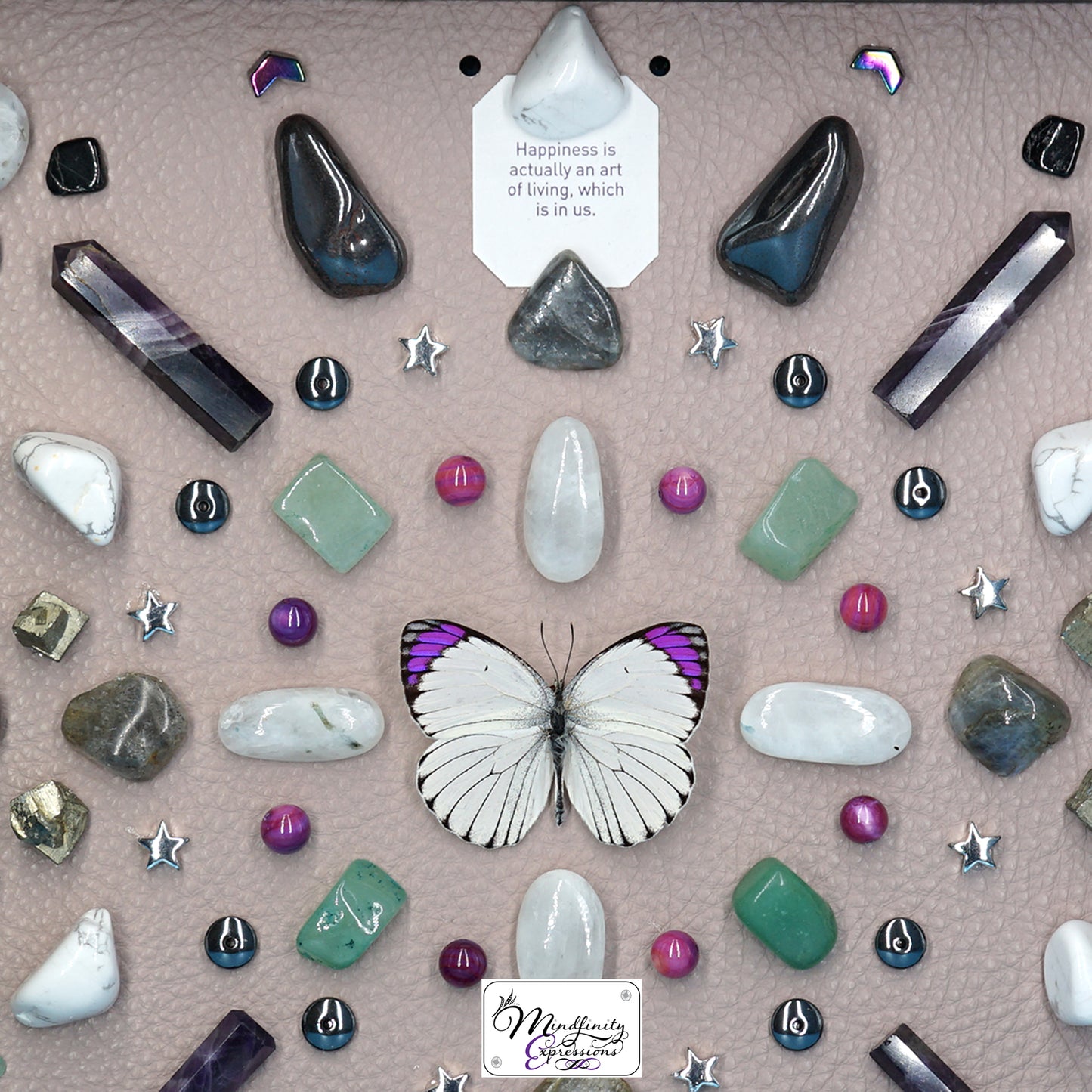 shadow box art, Colotis Regina white and purple butterfly, Natuzzi Italia genuine leather, crystals, Swarovski crystals, gemstones, gems, sacred geometry, healing art, crystal art, crystal grid, energy healing, crystal healing, crystal energy, crystal grid, healing, healing energy, healing art, sacred geometry, handmade, luxury art, Chevron Amethyst, Green Aventurine, Mother of Pearl, Labradorite, Hematite, Howlite, Pyrite, Black Tourmaline
