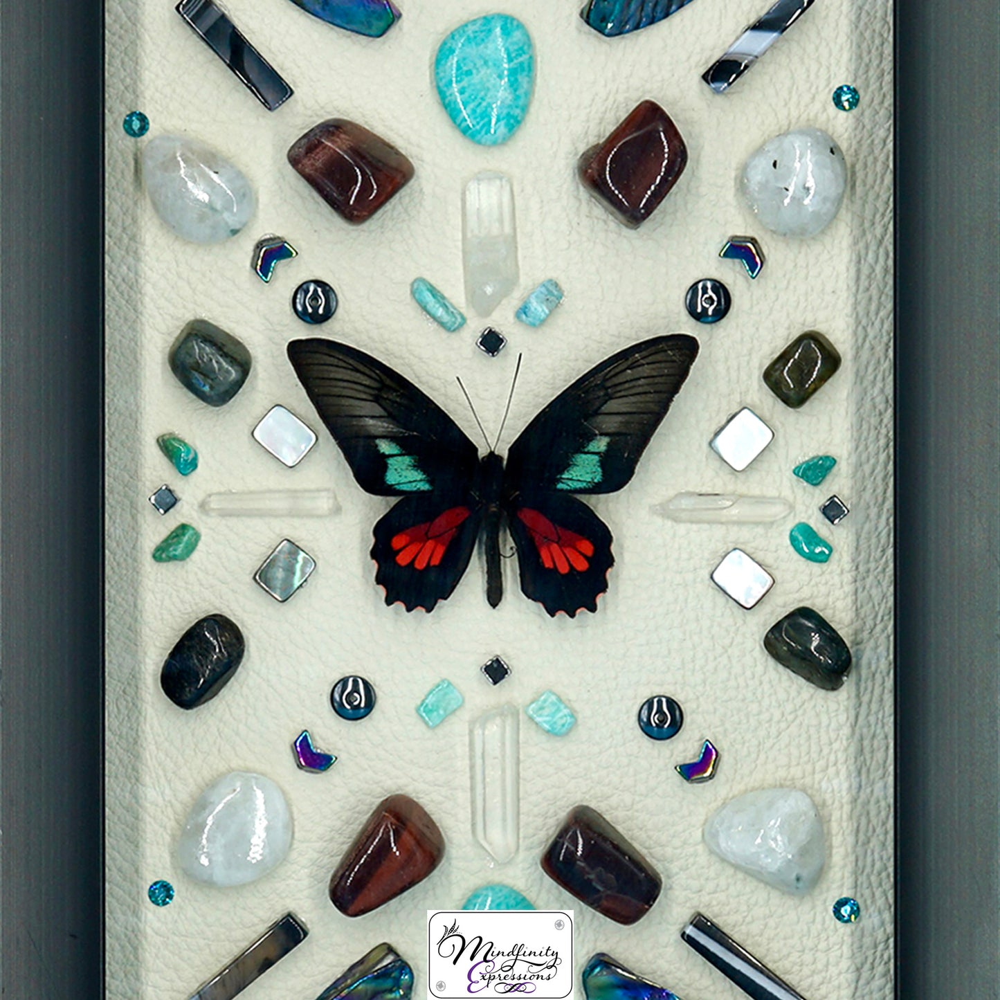 shadow box art, Scarlet Mormon Butterfly, crystals, Swarovski crystals, gemstones, gems, sacred geometry, healing art, crystal art, crystal grid, energy healing, crystal healing, crystal energy, crystal grid, healing, healing energy, healing art, sacred geometry, handmade, luxury art, Black Agate, Amazonite, Red Aventurine, Red Tiger Eye, Labradorite, Clear Quartz, Hematite, Rainbow Moonstone, Mother of Pearl, Black Tourmaline