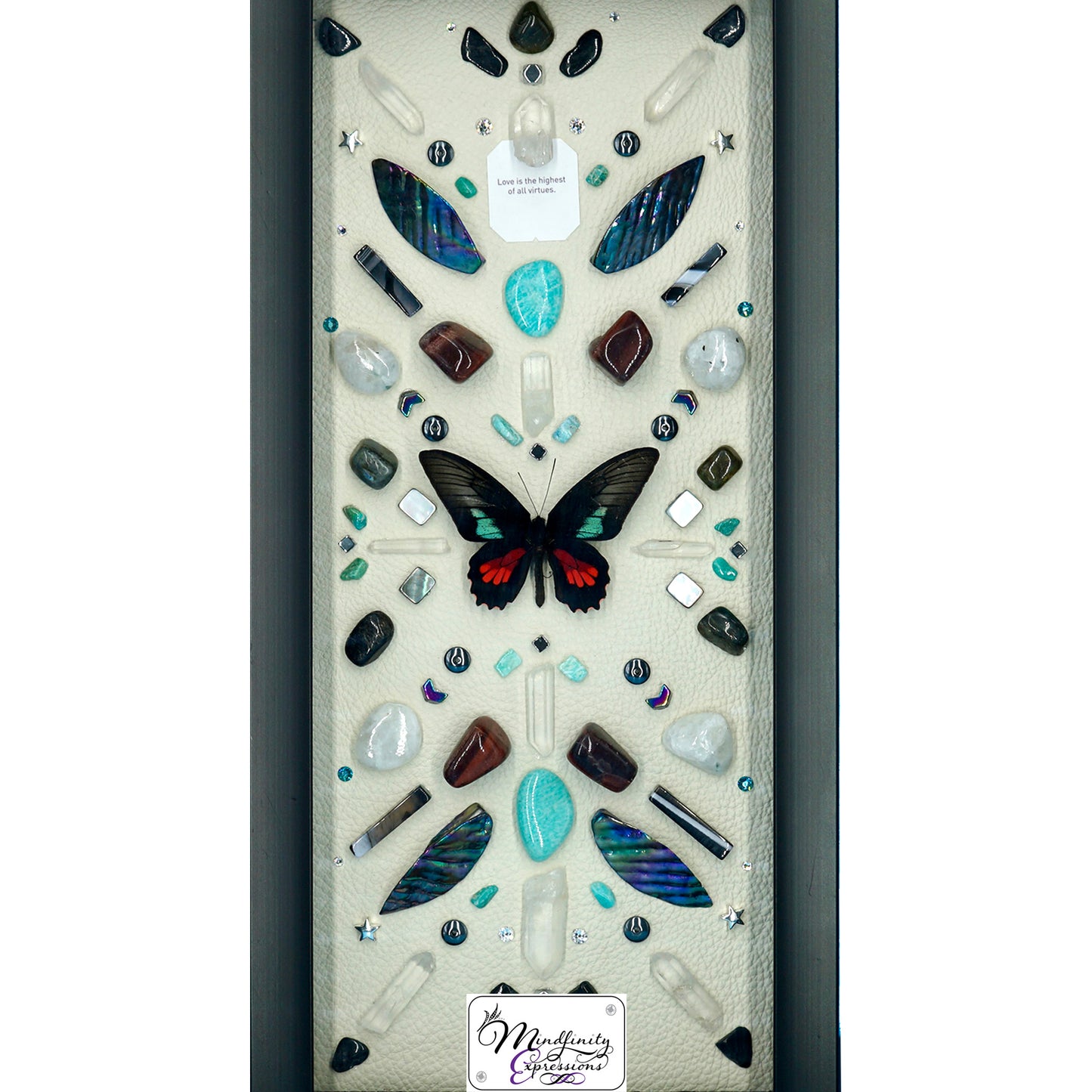 shadow box art, Scarlet Mormon Butterfly, crystals, Swarovski crystals, gemstones, gems, sacred geometry, healing art, crystal art, crystal grid, energy healing, crystal healing, crystal energy, crystal grid, healing, healing energy, healing art, sacred geometry, handmade, luxury art, Black Agate, Amazonite, Red Aventurine, Red Tiger Eye, Labradorite, Clear Quartz, Hematite, Rainbow Moonstone, Mother of Pearl, Black Tourmaline