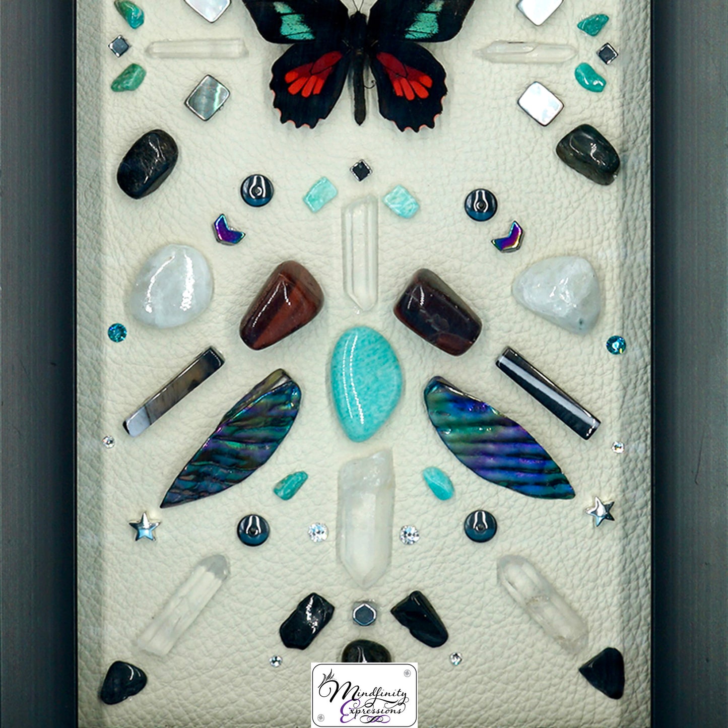shadow box art, Scarlet Mormon Butterfly, crystals, Swarovski crystals, gemstones, gems, sacred geometry, healing art, crystal art, crystal grid, energy healing, crystal healing, crystal energy, crystal grid, healing, healing energy, healing art, sacred geometry, handmade, luxury art, Black Agate, Amazonite, Red Aventurine, Red Tiger Eye, Labradorite, Clear Quartz, Hematite, Rainbow Moonstone, Mother of Pearl, Black Tourmaline