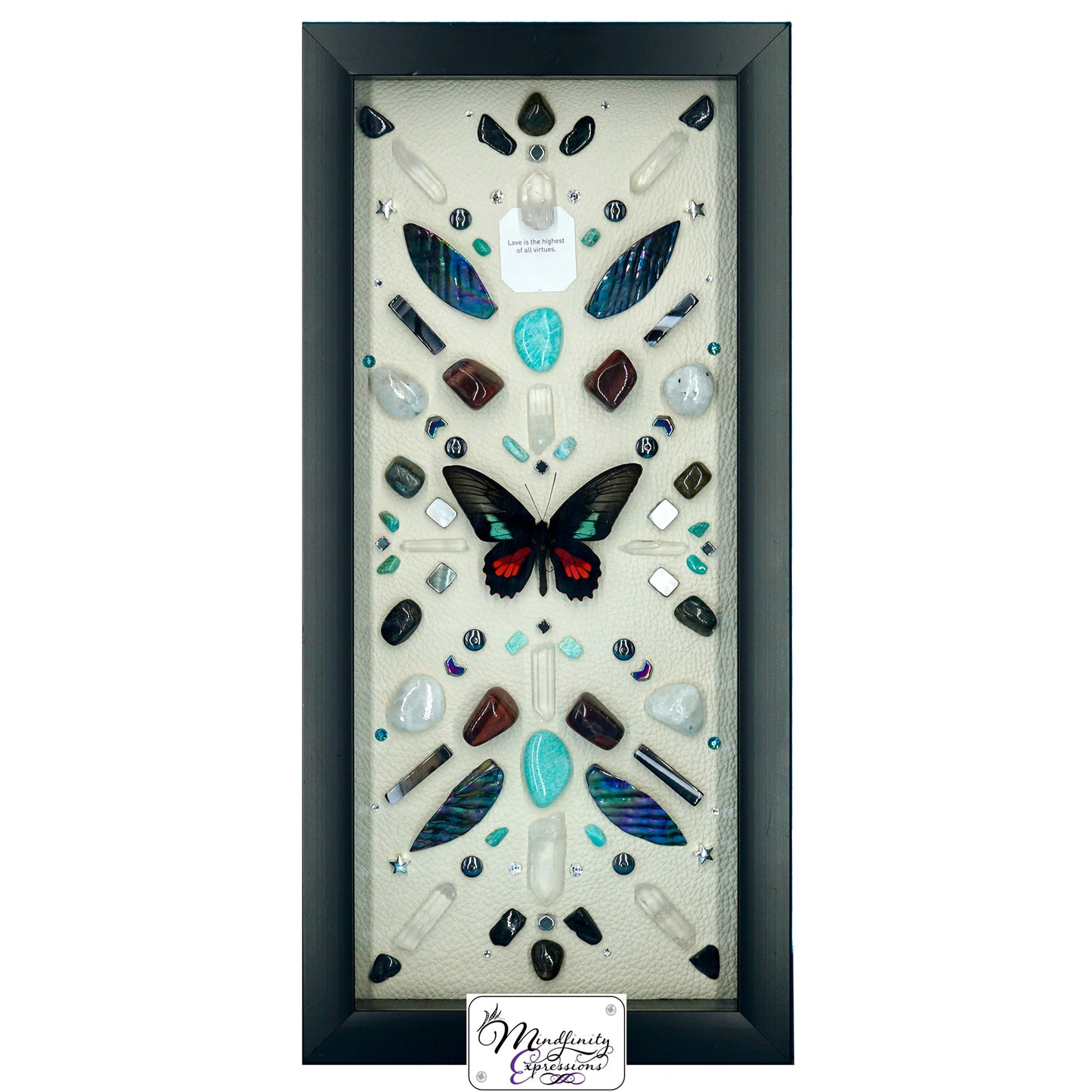 shadow box art, Scarlet Mormon Butterfly, crystals, Swarovski crystals, gemstones, gems, sacred geometry, healing art, crystal art, crystal grid, energy healing, crystal healing, crystal energy, crystal grid, healing, healing energy, healing art, sacred geometry, handmade, luxury art, Black Agate, Amazonite, Red Aventurine, Red Tiger Eye, Labradorite, Clear Quartz, Hematite, Rainbow Moonstone, Mother of Pearl, Black Tourmaline