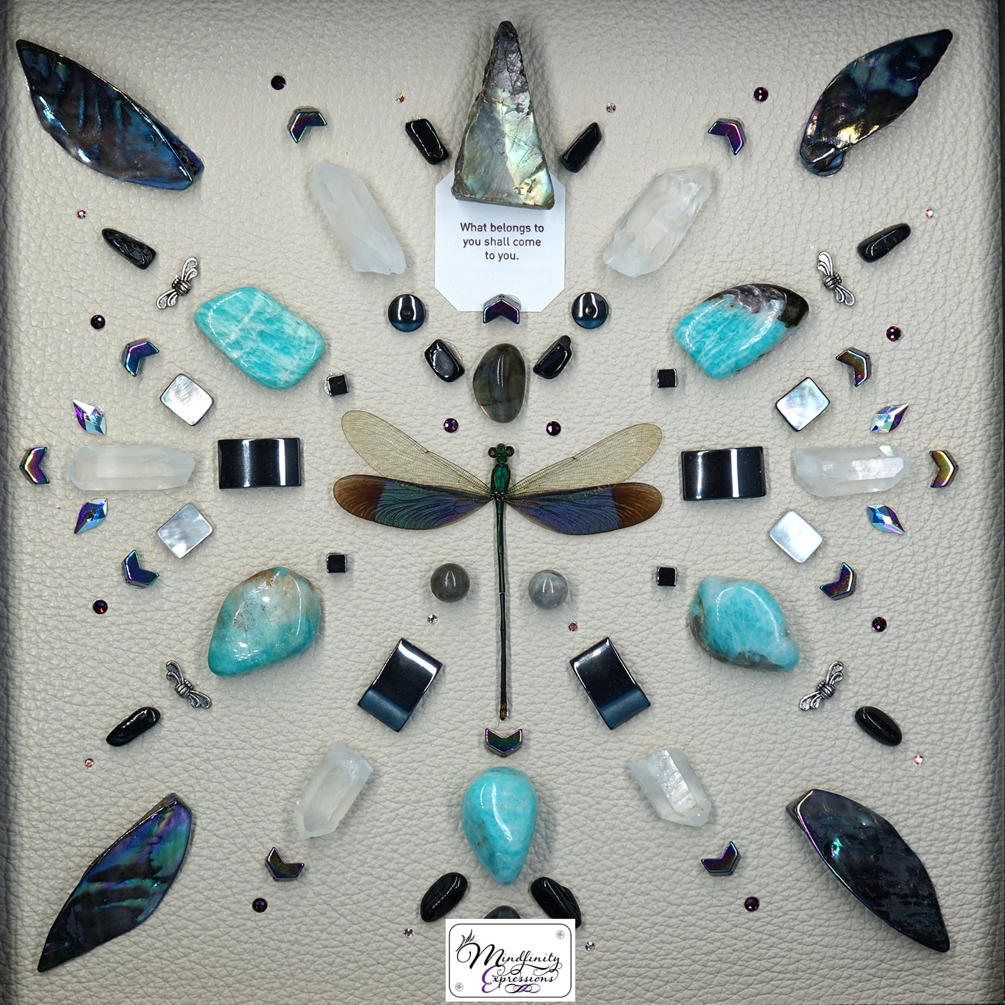 shadow box art, Green dragonfly, Natuzzi Italia genuine leather, crystals, Swarovski crystals, gemstones, gems, sacred geometry, healing art, crystal art, crystal grid, energy healing, crystal healing, crystal energy, crystal grid, healing, healing energy, healing art, sacred geometry, handmade, luxury art, Amazonite, Labradorite, Clear Quartz, Hematite, Mother of Pearl, Black Tourmaline