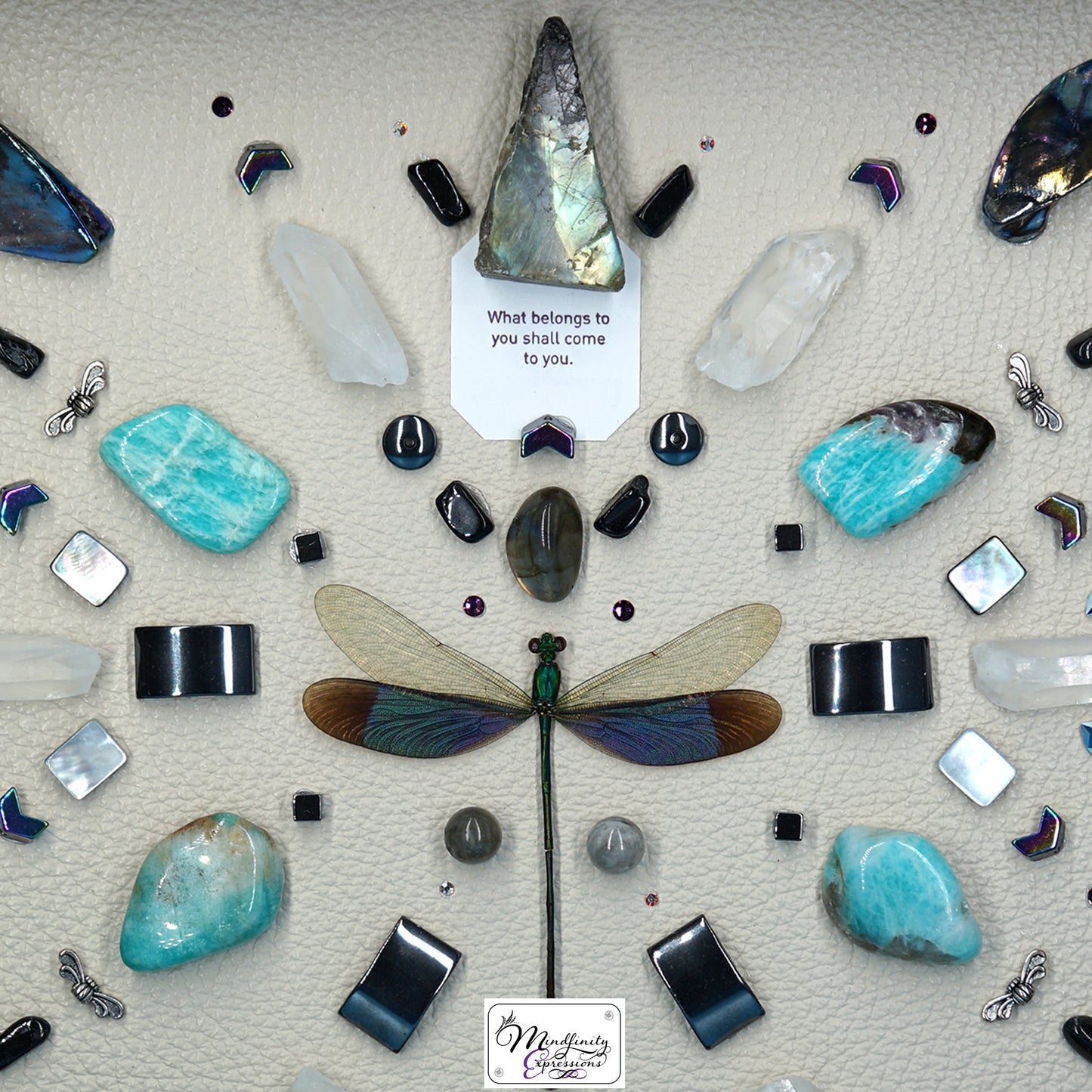 shadow box art, Green dragonfly, Natuzzi Italia genuine leather, crystals, Swarovski crystals, gemstones, gems, sacred geometry, healing art, crystal art, crystal grid, energy healing, crystal healing, crystal energy, crystal grid, healing, healing energy, healing art, sacred geometry, handmade, luxury art, Amazonite, Labradorite, Clear Quartz, Hematite, Mother of Pearl, Black Tourmaline