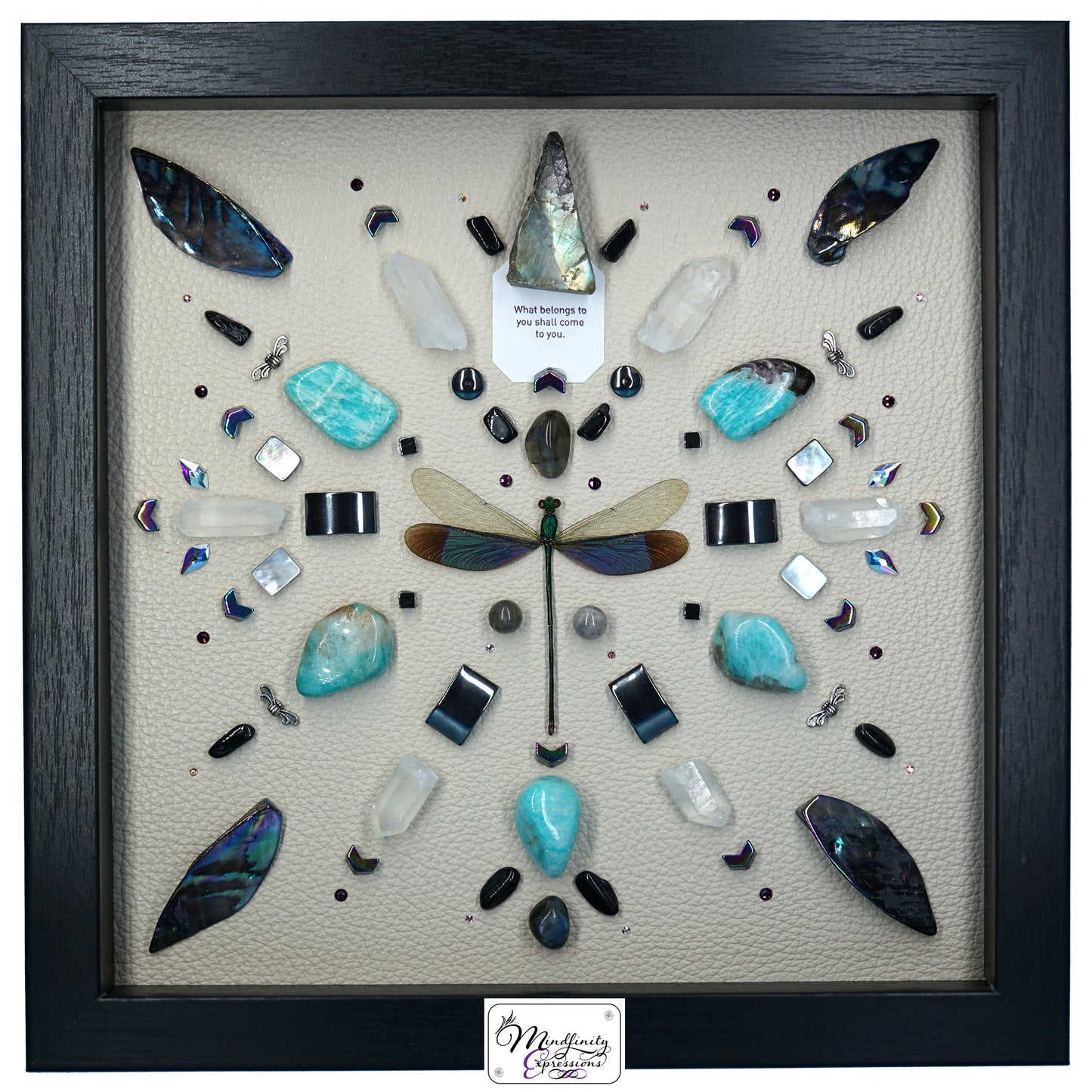 shadow box art, Green dragonfly, Natuzzi Italia genuine leather, crystals, Swarovski crystals, gemstones, gems, sacred geometry, healing art, crystal art, crystal grid, energy healing, crystal healing, crystal energy, crystal grid, healing, healing energy, healing art, sacred geometry, handmade, luxury art, Amazonite, Labradorite, Clear Quartz, Hematite, Mother of Pearl, Black Tourmaline