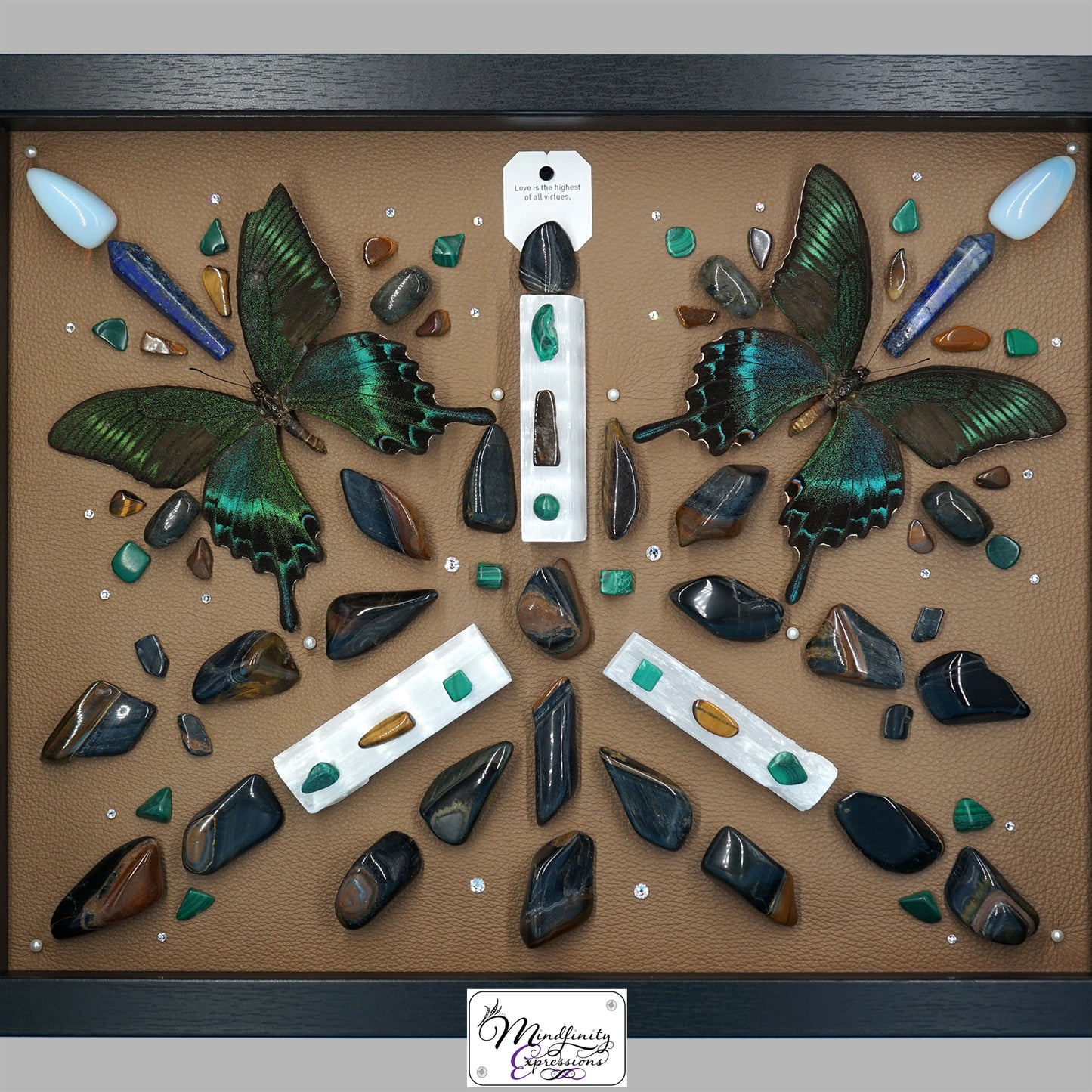 shadow box art, Swallowtail butterflies, Calligaris genuine leather, crystals, Swarovski crystals, gemstones, gems, sacred geometry, healing art, crystal art, crystal grid, energy healing, crystal healing, crystal energy, crystal grid, healing, healing energy, healing art, sacred geometry, handmade, luxury art, Blue Tiger Eye, Tiger Eye, Lapis Lazuli, Malachite, Labradorite, Selenite