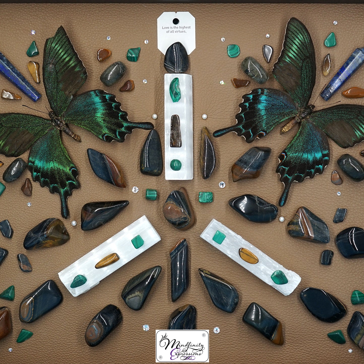 shadow box art, Swallowtail butterflies, Calligaris genuine leather, crystals, Swarovski crystals, gemstones, gems, sacred geometry, healing art, crystal art, crystal grid, energy healing, crystal healing, crystal energy, crystal grid, healing, healing energy, healing art, sacred geometry, handmade, luxury art, Blue Tiger Eye, Tiger Eye, Lapis Lazuli, Malachite, Labradorite, Selenite