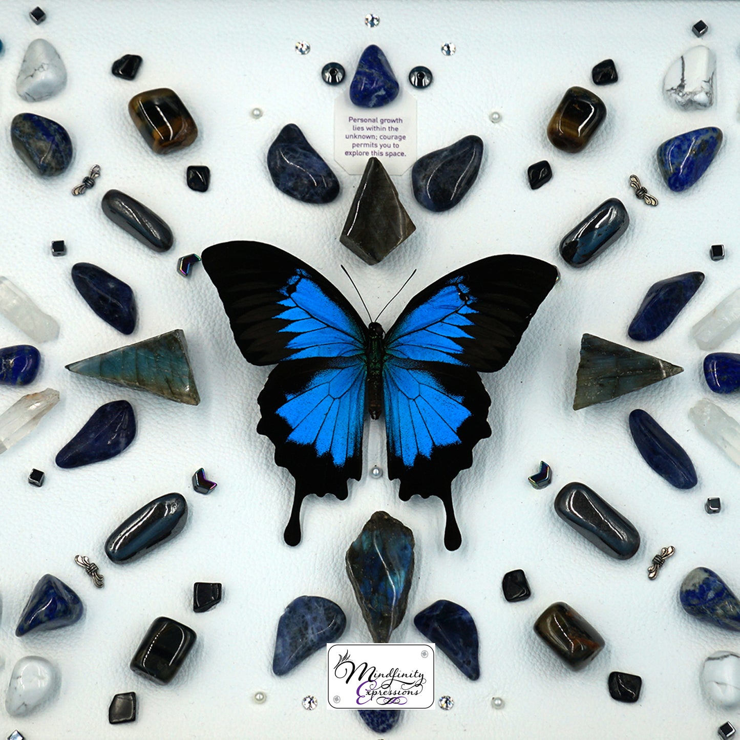 shadow box art, Blue Mountain Swallowtail butterfly, Calligaris genuine leather, crystals, Swarovski crystals, gemstones, gems, sacred geometry, healing art, crystal art, crystal grid, energy healing, crystal healing, crystal energy, crystal grid, healing, healing energy, healing art, sacred geometry, handmade, luxury art, Blue Apatite, Blue Tiger Eye, Hematite, Howlite, Labradorite, Lapis Lazuli, Sodalite, Clear Quartz, Black Tourmaline