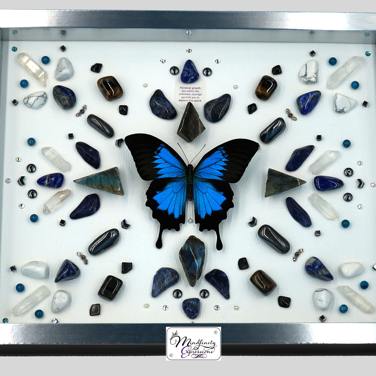 shadow box art, Blue Mountain Swallowtail butterfly, Calligaris genuine leather, crystals, Swarovski crystals, gemstones, gems, sacred geometry, healing art, crystal art, crystal grid, energy healing, crystal healing, crystal energy, crystal grid, healing, healing energy, healing art, sacred geometry, handmade, luxury art, Blue Apatite, Blue Tiger Eye, Hematite, Howlite, Labradorite, Lapis Lazuli, Sodalite, Clear Quartz, Black Tourmaline