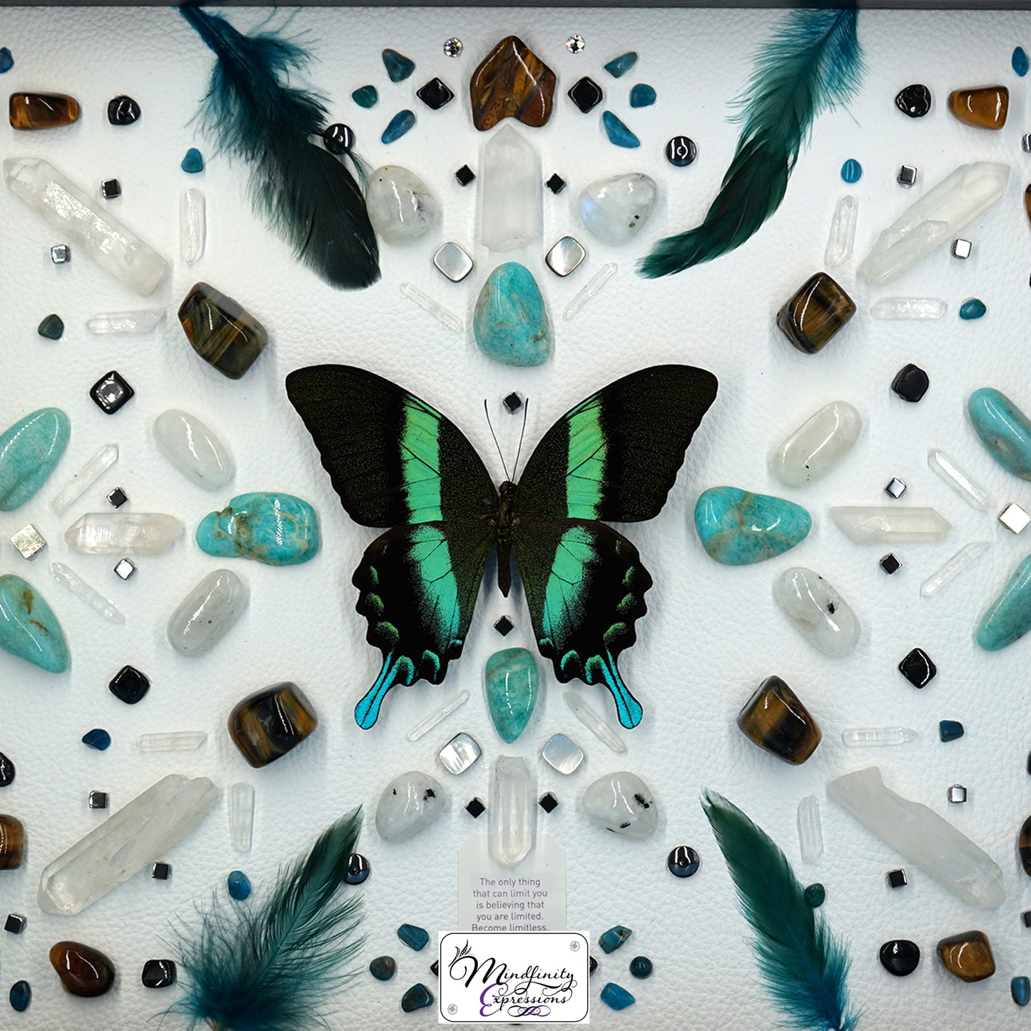 shadow box art, Peacock Swallowtail butterfly, Calligaris genuine leather, feathers, crystals, Swarovski crystals, gemstones, gems, sacred geometry, healing art, crystal art, crystal grid, energy healing, crystal healing, crystal energy, crystal grid, healing, healing energy, healing art, sacred geometry, handmade, luxury art, Amazonite, Blue Apatite, Blue Tiger Eye, Tiger Eye, Rainbow Moonstone, Hematite, Clear Quartz, Mother of Pearl, Black Tourmaline