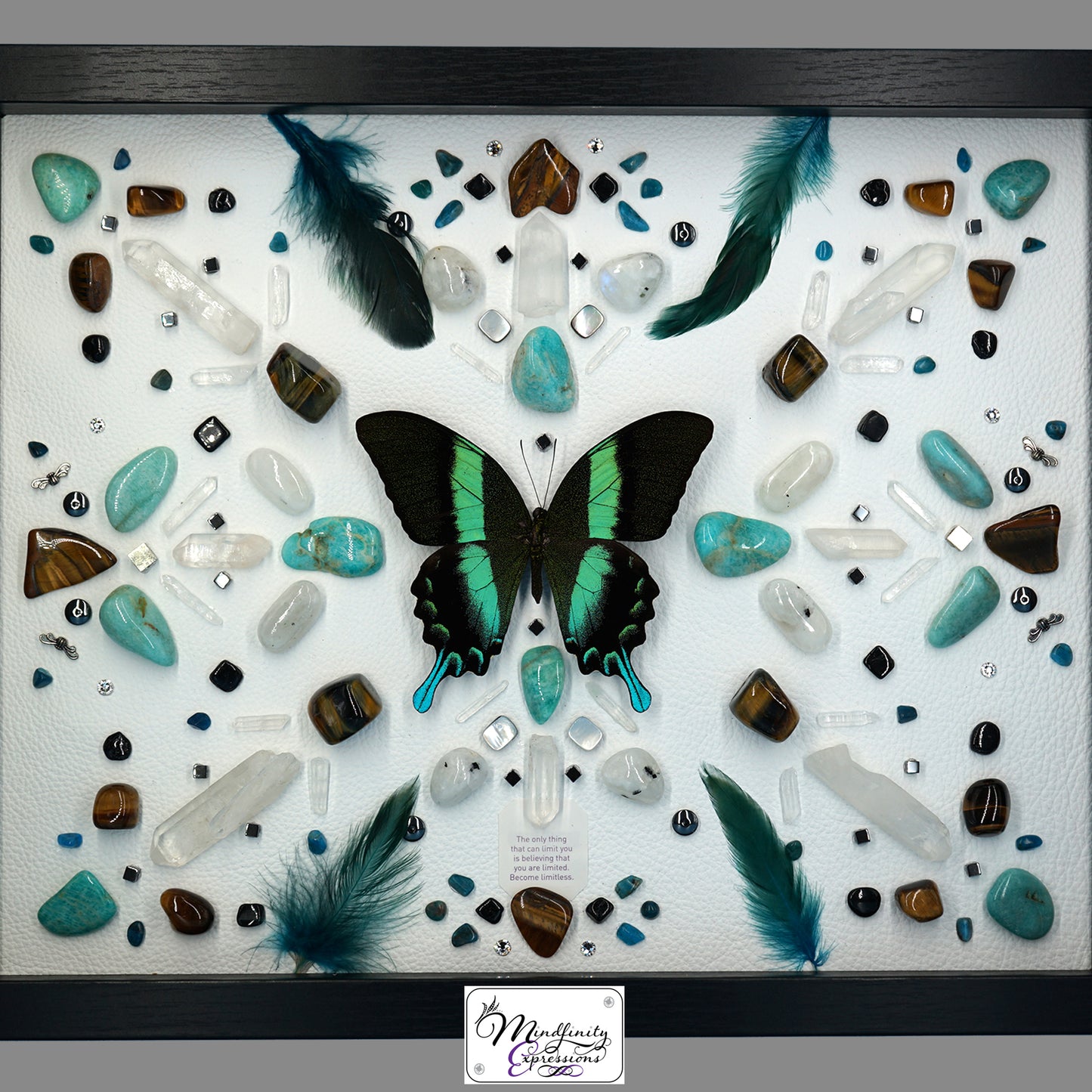 shadow box art, Peacock Swallowtail butterfly, Calligaris genuine leather, feathers, crystals, Swarovski crystals, gemstones, gems, sacred geometry, healing art, crystal art, crystal grid, energy healing, crystal healing, crystal energy, crystal grid, healing, healing energy, healing art, sacred geometry, handmade, luxury art, Amazonite, Blue Apatite, Blue Tiger Eye, Tiger Eye, Rainbow Moonstone, Hematite, Clear Quartz, Mother of Pearl, Black Tourmaline