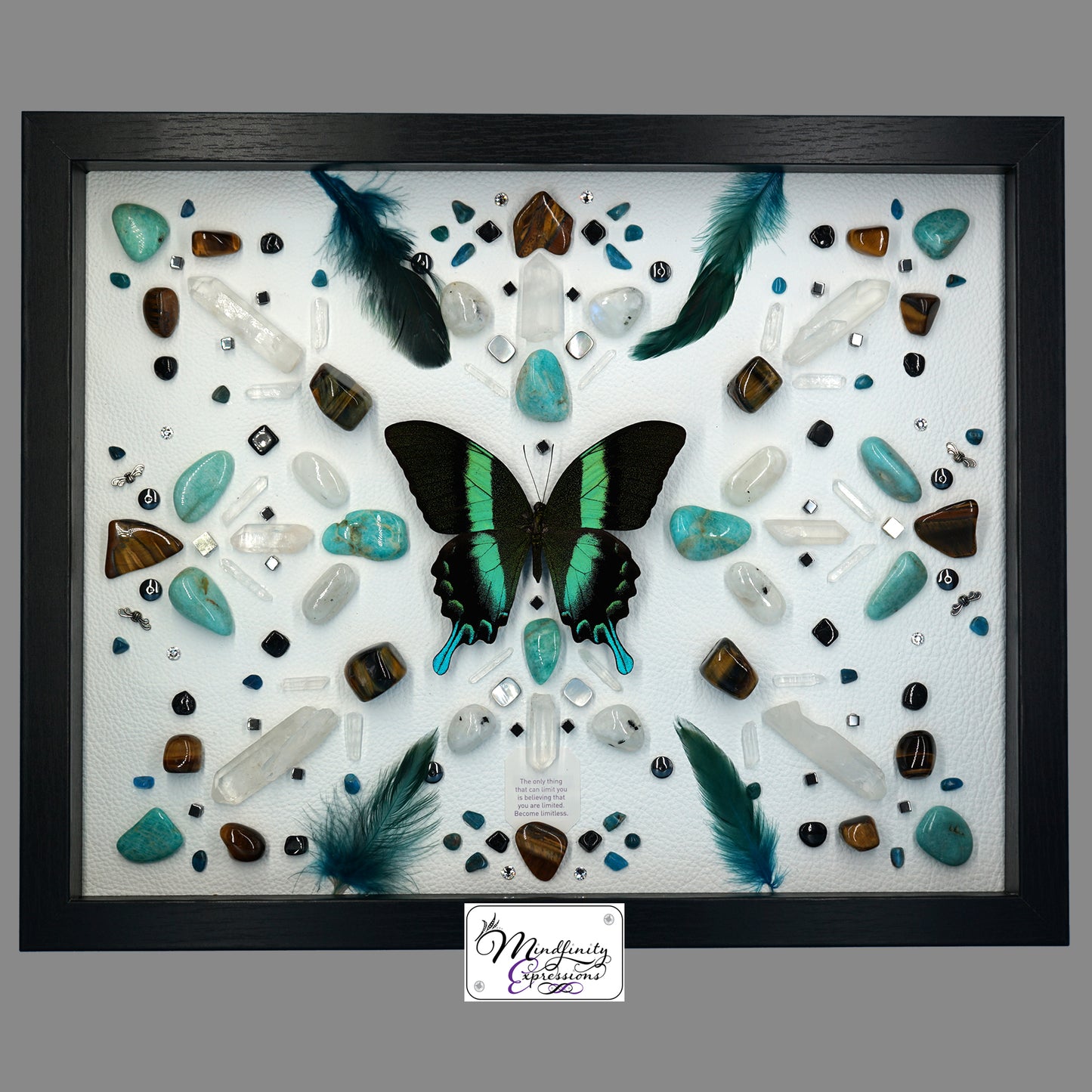shadow box art, Peacock Swallowtail butterfly, Calligaris genuine leather, feathers, crystals, Swarovski crystals, gemstones, gems, sacred geometry, healing art, crystal art, crystal grid, energy healing, crystal healing, crystal energy, crystal grid, healing, healing energy, healing art, sacred geometry, handmade, luxury art, Amazonite, Blue Apatite, Blue Tiger Eye, Tiger Eye, Rainbow Moonstone, Hematite, Clear Quartz, Mother of Pearl, Black Tourmaline