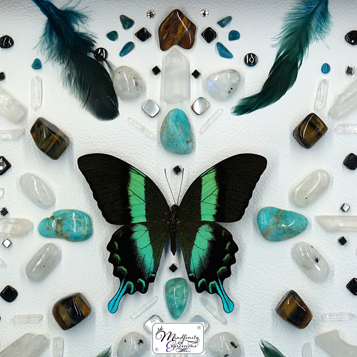 shadow box art, Peacock Swallowtail butterfly, Calligaris genuine leather, feathers, crystals, Swarovski crystals, gemstones, gems, sacred geometry, healing art, crystal art, crystal grid, energy healing, crystal healing, crystal energy, crystal grid, healing, healing energy, healing art, sacred geometry, handmade, luxury art, Amazonite, Blue Apatite, Blue Tiger Eye, Tiger Eye, Rainbow Moonstone, Hematite, Clear Quartz, Mother of Pearl, Black Tourmaline