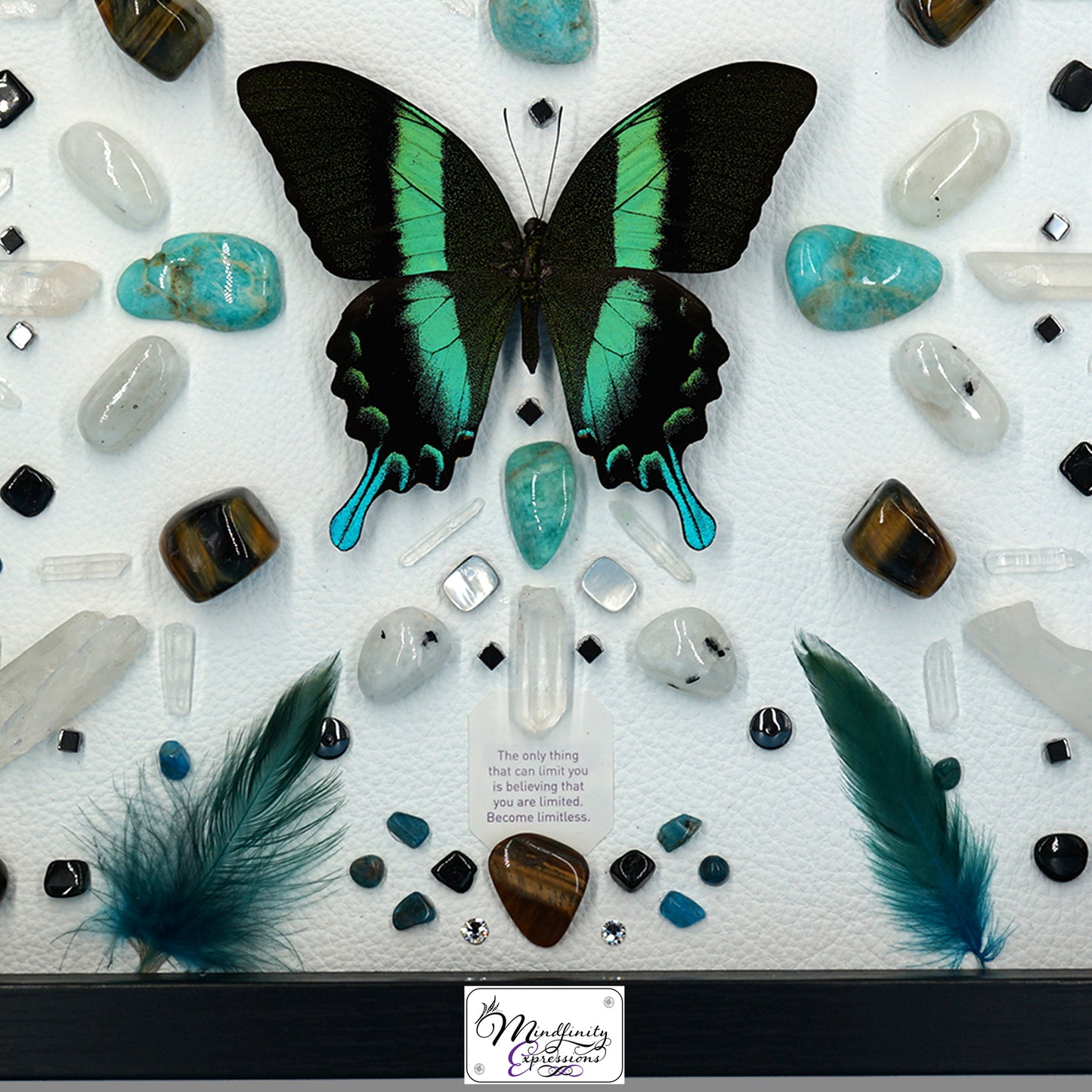 shadow box art, Peacock Swallowtail butterfly, Calligaris genuine leather, feathers, crystals, Swarovski crystals, gemstones, gems, sacred geometry, healing art, crystal art, crystal grid, energy healing, crystal healing, crystal energy, crystal grid, healing, healing energy, healing art, sacred geometry, handmade, luxury art, Amazonite, Blue Apatite, Blue Tiger Eye, Tiger Eye, Rainbow Moonstone, Hematite, Clear Quartz, Mother of Pearl, Black Tourmaline