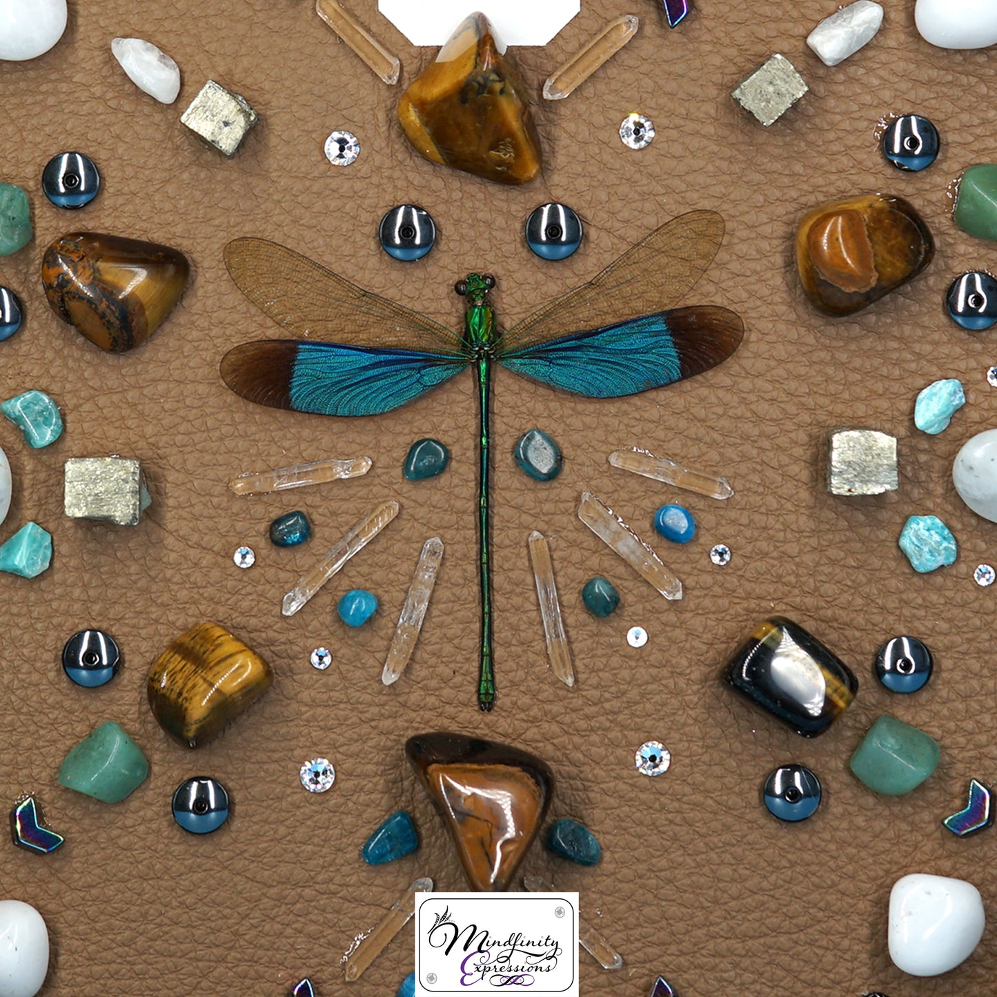 shadow box art, green dragonfly, Natuzzi Italia genuine leather, crystals, Swarovski crystals, gemstones, gems, sacred geometry, healing art, crystal art, crystal grid, energy healing, crystal healing, crystal energy, crystal grid, healing, healing energy, healing art, sacred geometry, handmade, luxury art, Labradorite, Pyrite, Hematite, Rainbow Moonstone, Clear Quartz, Silver Plated Quartz, King Quartz, Black Tourmaline