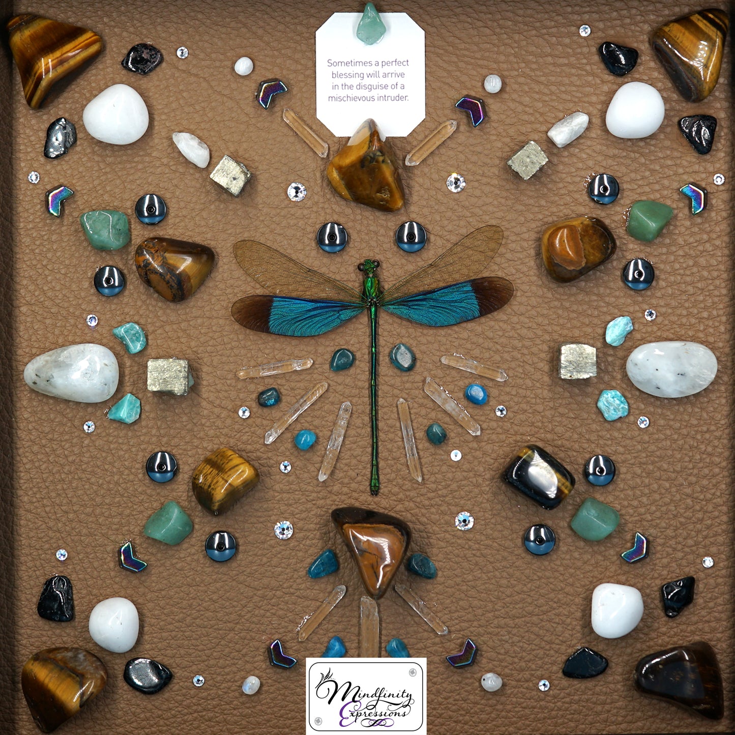 shadow box art, green dragonfly, Natuzzi Italia genuine leather, crystals, Swarovski crystals, gemstones, gems, sacred geometry, healing art, crystal art, crystal grid, energy healing, crystal healing, crystal energy, crystal grid, healing, healing energy, healing art, sacred geometry, handmade, luxury art, Labradorite, Pyrite, Hematite, Rainbow Moonstone, Clear Quartz, Silver Plated Quartz, King Quartz, Black Tourmaline