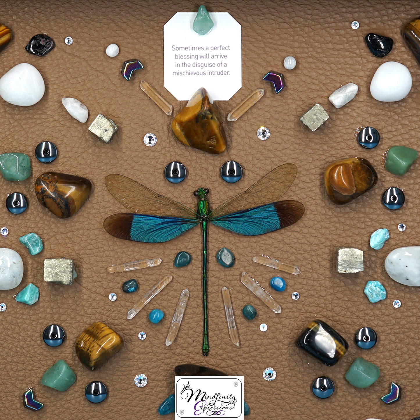 shadow box art, green dragonfly, Natuzzi Italia genuine leather, crystals, Swarovski crystals, gemstones, gems, sacred geometry, healing art, crystal art, crystal grid, energy healing, crystal healing, crystal energy, crystal grid, healing, healing energy, healing art, sacred geometry, handmade, luxury art, Labradorite, Pyrite, Hematite, Rainbow Moonstone, Clear Quartz, Silver Plated Quartz, King Quartz, Black Tourmaline