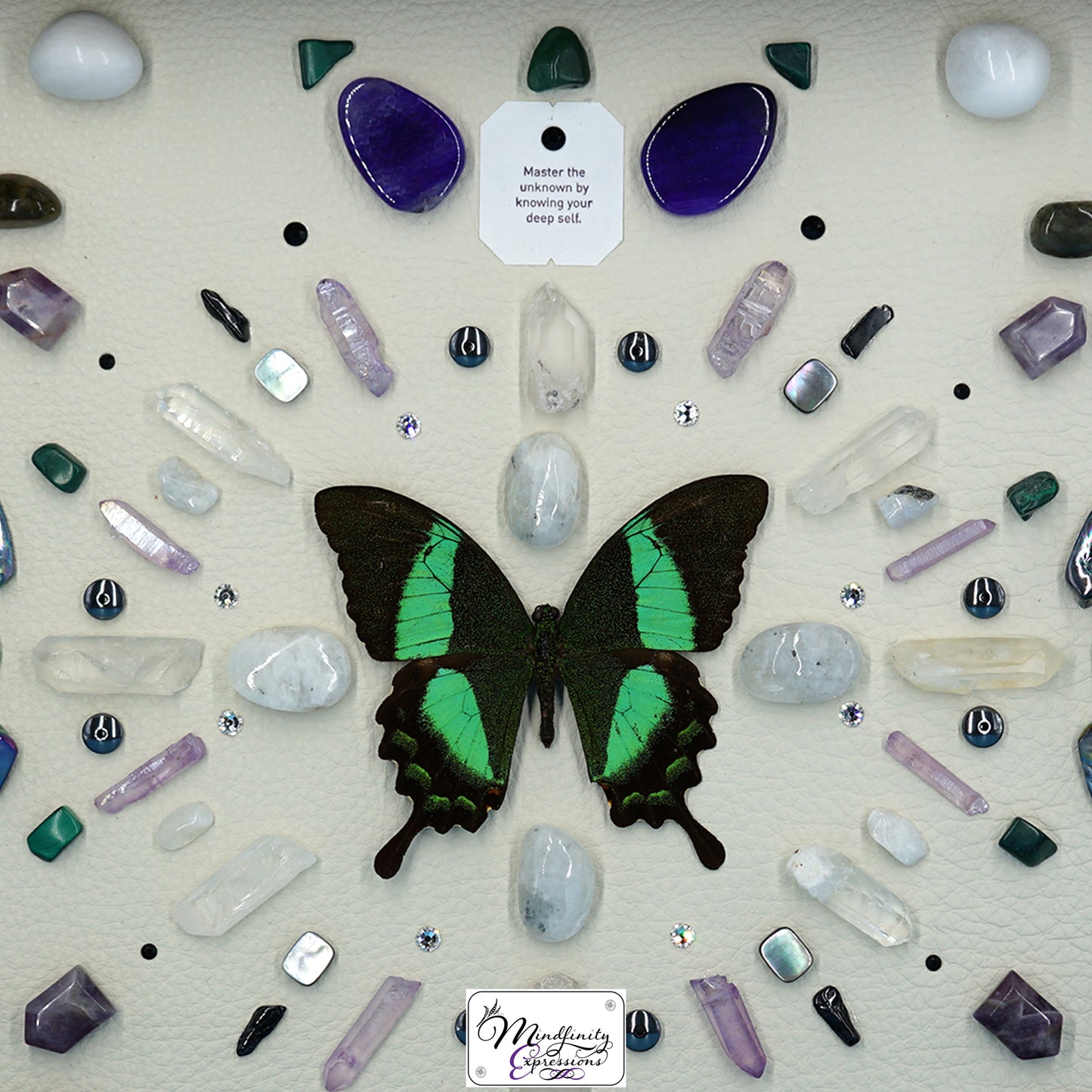 shadow box art, Peacock Swallowtail butterfly, Calligaris genuine leather, feathers, crystals, Swarovski crystals, gemstones, gems, sacred geometry, healing art, crystal art, crystal grid, energy healing, crystal healing, crystal energy, crystal grid, healing, healing energy, healing art, sacred geometry, handmade, luxury art, Amethyst, Ruby in Matrix, Green Aventurine, Malachite, Hematite, Labradorite, Pyrite, Purple Agate, King Quartz, Clear Quartz, Purple Aura Quartz, Rainbow Moonstone & Black Tourmaline