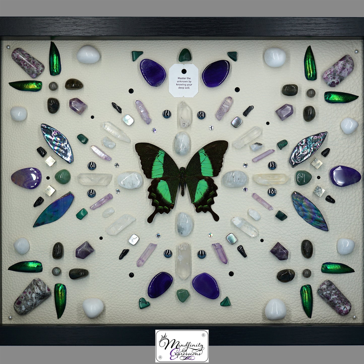 shadow box art, Peacock Swallowtail butterfly, Calligaris genuine leather, feathers, crystals, Swarovski crystals, gemstones, gems, sacred geometry, healing art, crystal art, crystal grid, energy healing, crystal healing, crystal energy, crystal grid, healing, healing energy, healing art, sacred geometry, handmade, luxury art, Amethyst, Ruby in Matrix, Green Aventurine, Malachite, Hematite, Labradorite, Pyrite, Purple Agate, King Quartz, Clear Quartz, Purple Aura Quartz, Rainbow Moonstone & Black Tourmaline