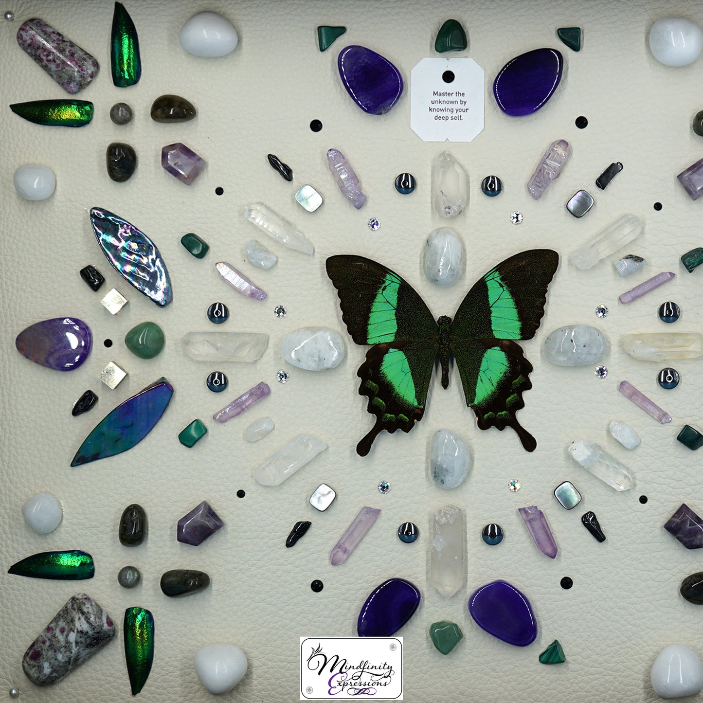 shadow box art, Peacock Swallowtail butterfly, Calligaris genuine leather, feathers, crystals, Swarovski crystals, gemstones, gems, sacred geometry, healing art, crystal art, crystal grid, energy healing, crystal healing, crystal energy, crystal grid, healing, healing energy, healing art, sacred geometry, handmade, luxury art, Amethyst, Ruby in Matrix, Green Aventurine, Malachite, Hematite, Labradorite, Pyrite, Purple Agate, King Quartz, Clear Quartz, Purple Aura Quartz, Rainbow Moonstone & Black Tourmaline