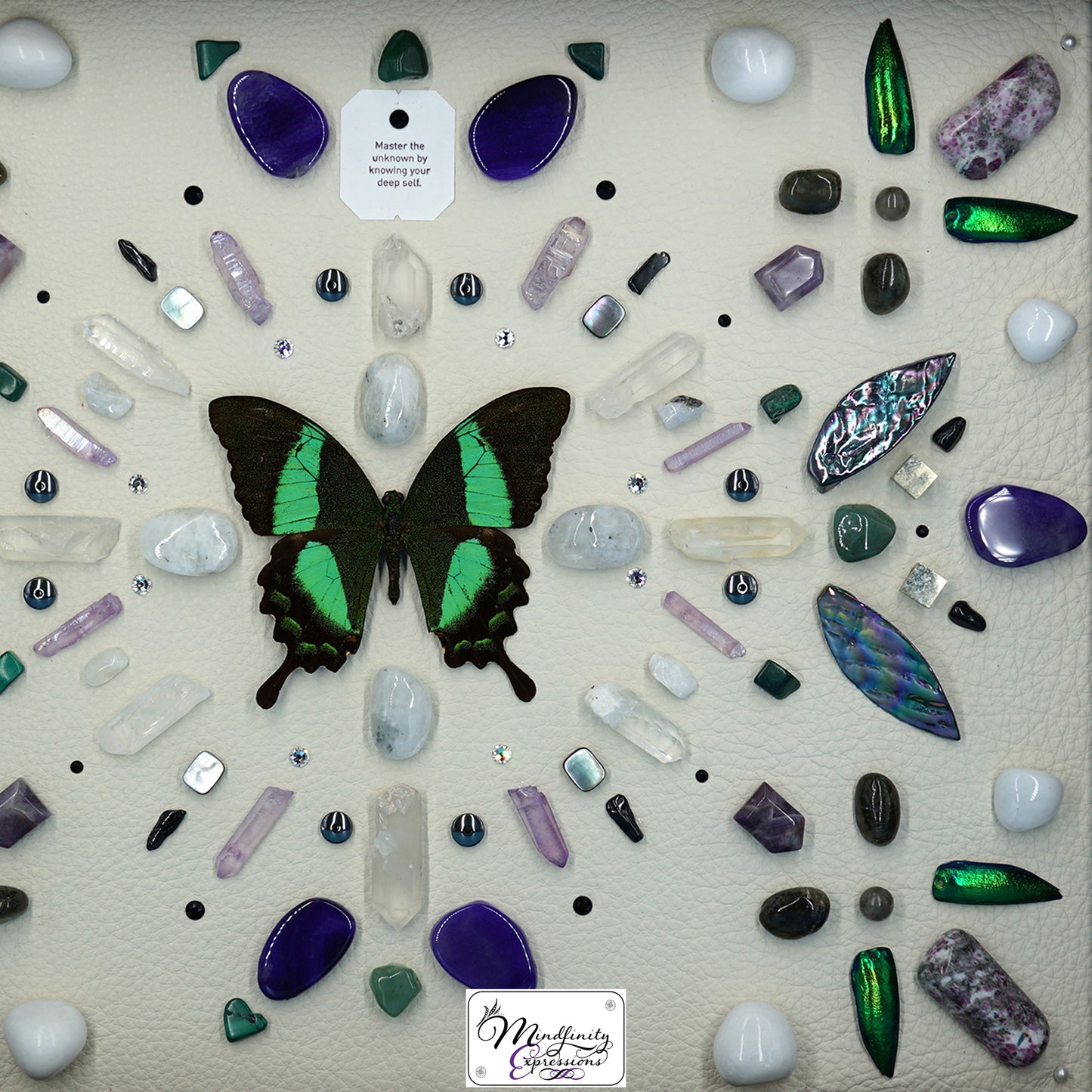 shadow box art, Peacock Swallowtail butterfly, Calligaris genuine leather, feathers, crystals, Swarovski crystals, gemstones, gems, sacred geometry, healing art, crystal art, crystal grid, energy healing, crystal healing, crystal energy, crystal grid, healing, healing energy, healing art, sacred geometry, handmade, luxury art, Amethyst, Ruby in Matrix, Green Aventurine, Malachite, Hematite, Labradorite, Pyrite, Purple Agate, King Quartz, Clear Quartz, Purple Aura Quartz, Rainbow Moonstone & Black Tourmaline