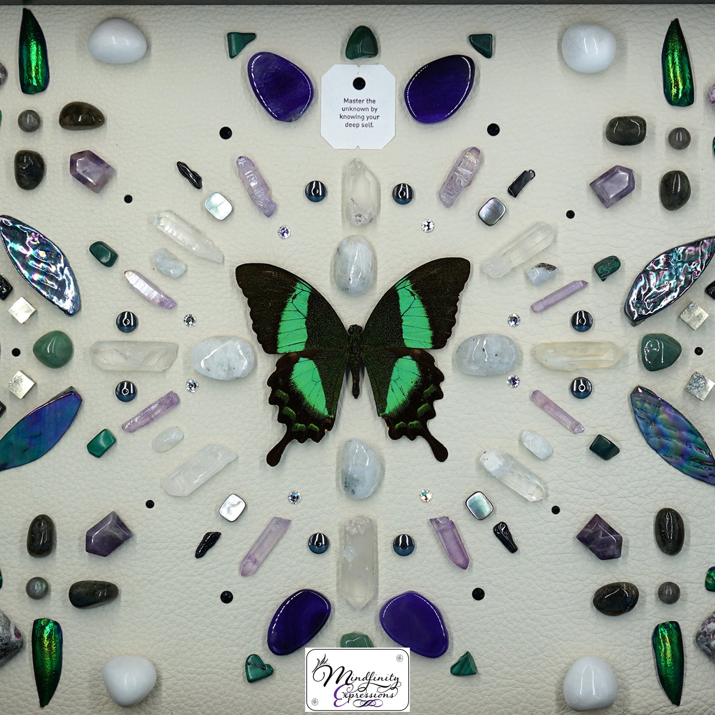 shadow box art, Peacock Swallowtail butterfly, Calligaris genuine leather, feathers, crystals, Swarovski crystals, gemstones, gems, sacred geometry, healing art, crystal art, crystal grid, energy healing, crystal healing, crystal energy, crystal grid, healing, healing energy, healing art, sacred geometry, handmade, luxury art, Amethyst, Ruby in Matrix, Green Aventurine, Malachite, Hematite, Labradorite, Pyrite, Purple Agate, King Quartz, Clear Quartz, Purple Aura Quartz, Rainbow Moonstone & Black Tourmaline