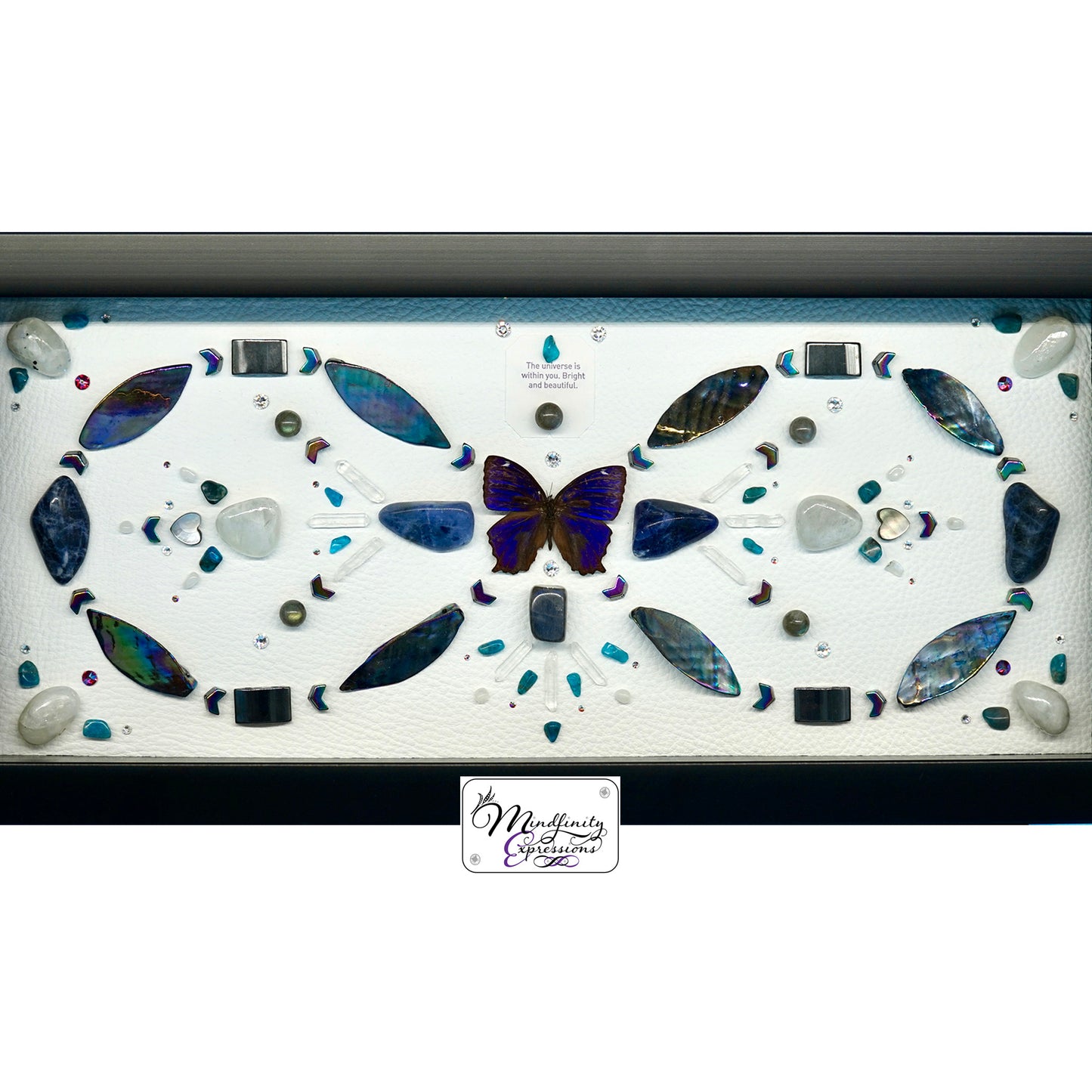 shadow box art, Blue Butterfly, Calligaris genuine leather, crystals, Swarovski crystals, gemstones, gems, sacred geometry, healing art, crystal art, crystal grid, energy healing, crystal healing, crystal energy, crystal grid, healing, healing energy, healing art, sacred geometry, handmade, luxury art, Blue Apatite, Howlite, Hematite, Mother of Pearl, Labradorite, Rainbow Moonstone, Sodalite, Clear Quartz, Silver Plated Quartz, Black Tourmaline