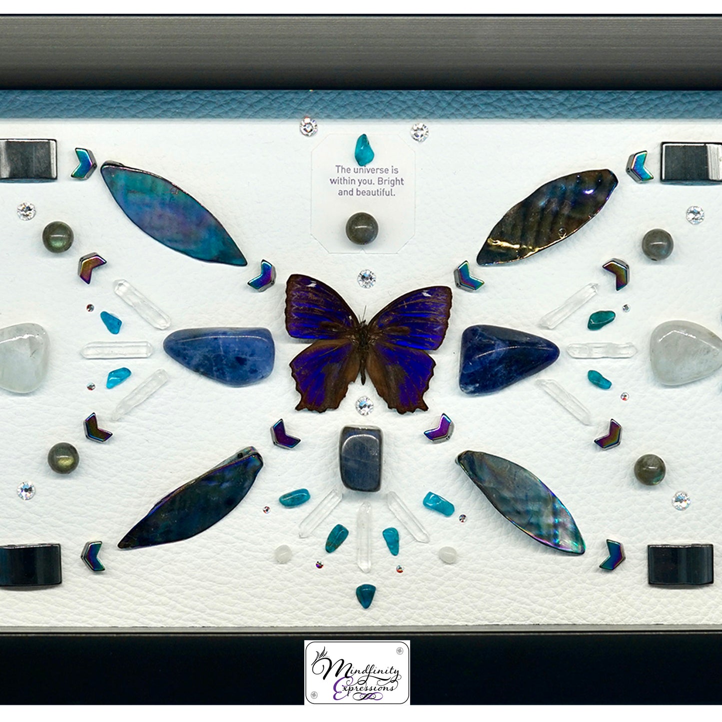 shadow box art, Blue Butterfly, Calligaris genuine leather, crystals, Swarovski crystals, gemstones, gems, sacred geometry, healing art, crystal art, crystal grid, energy healing, crystal healing, crystal energy, crystal grid, healing, healing energy, healing art, sacred geometry, handmade, luxury art, Blue Apatite, Howlite, Hematite, Mother of Pearl, Labradorite, Rainbow Moonstone, Sodalite, Clear Quartz, Silver Plated Quartz, Black Tourmaline