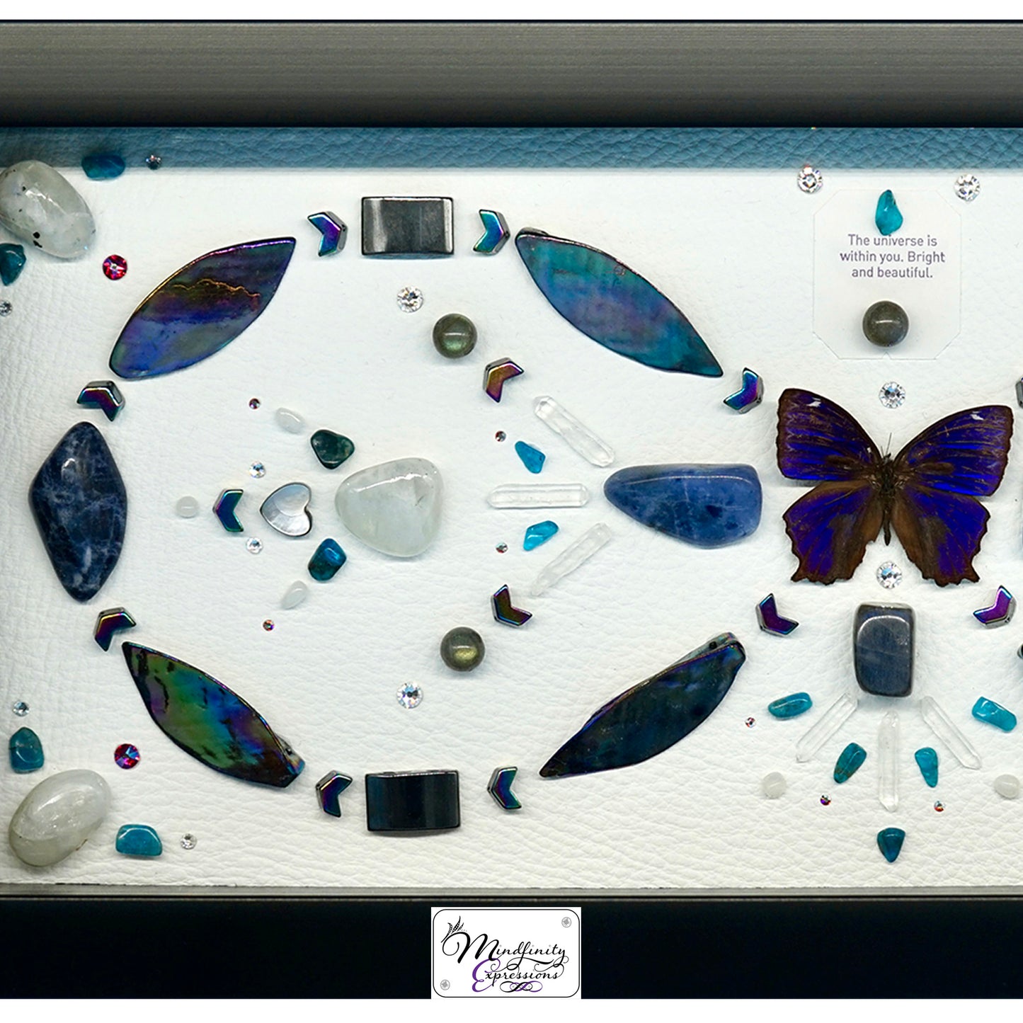 shadow box art, Blue Butterfly, Calligaris genuine leather, crystals, Swarovski crystals, gemstones, gems, sacred geometry, healing art, crystal art, crystal grid, energy healing, crystal healing, crystal energy, crystal grid, healing, healing energy, healing art, sacred geometry, handmade, luxury art, Blue Apatite, Howlite, Hematite, Mother of Pearl, Labradorite, Rainbow Moonstone, Sodalite, Clear Quartz, Silver Plated Quartz, Black Tourmaline