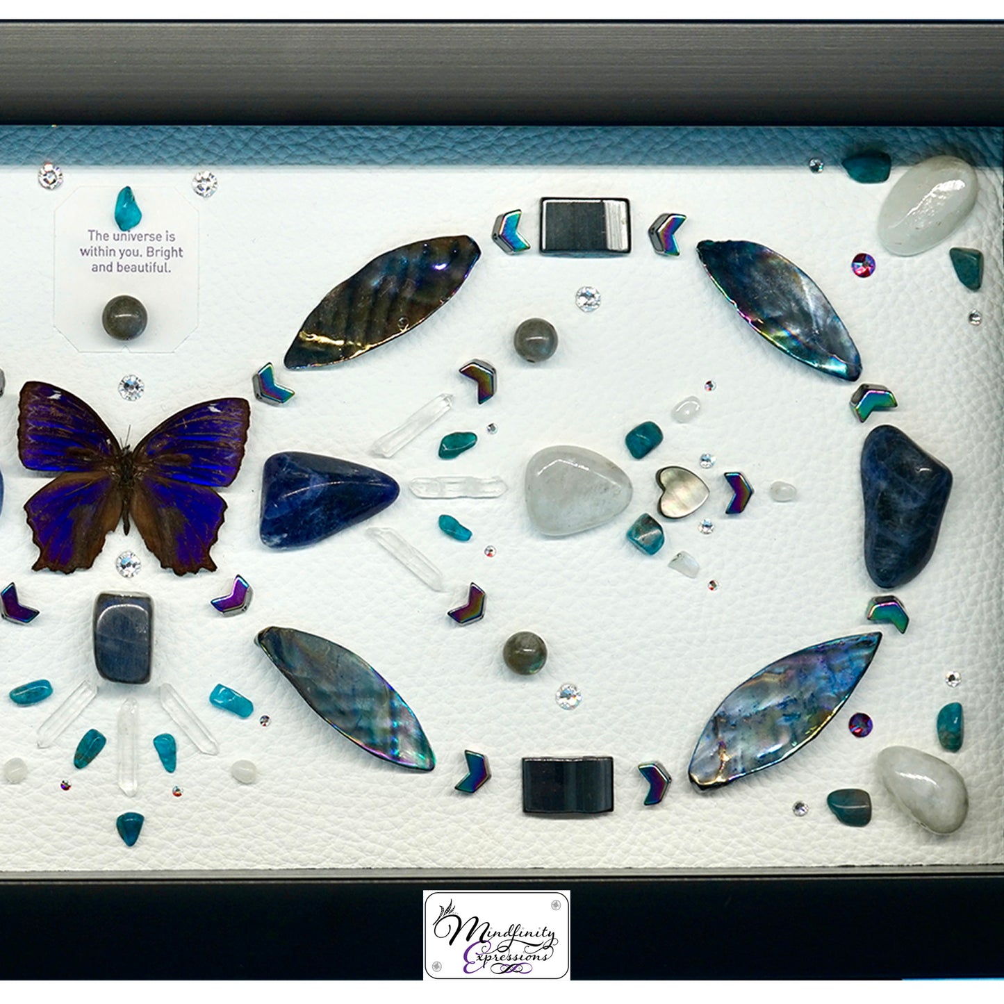 shadow box art, Blue Butterfly, Calligaris genuine leather, crystals, Swarovski crystals, gemstones, gems, sacred geometry, healing art, crystal art, crystal grid, energy healing, crystal healing, crystal energy, crystal grid, healing, healing energy, healing art, sacred geometry, handmade, luxury art, Blue Apatite, Howlite, Hematite, Mother of Pearl, Labradorite, Rainbow Moonstone, Sodalite, Clear Quartz, Silver Plated Quartz, Black Tourmaline