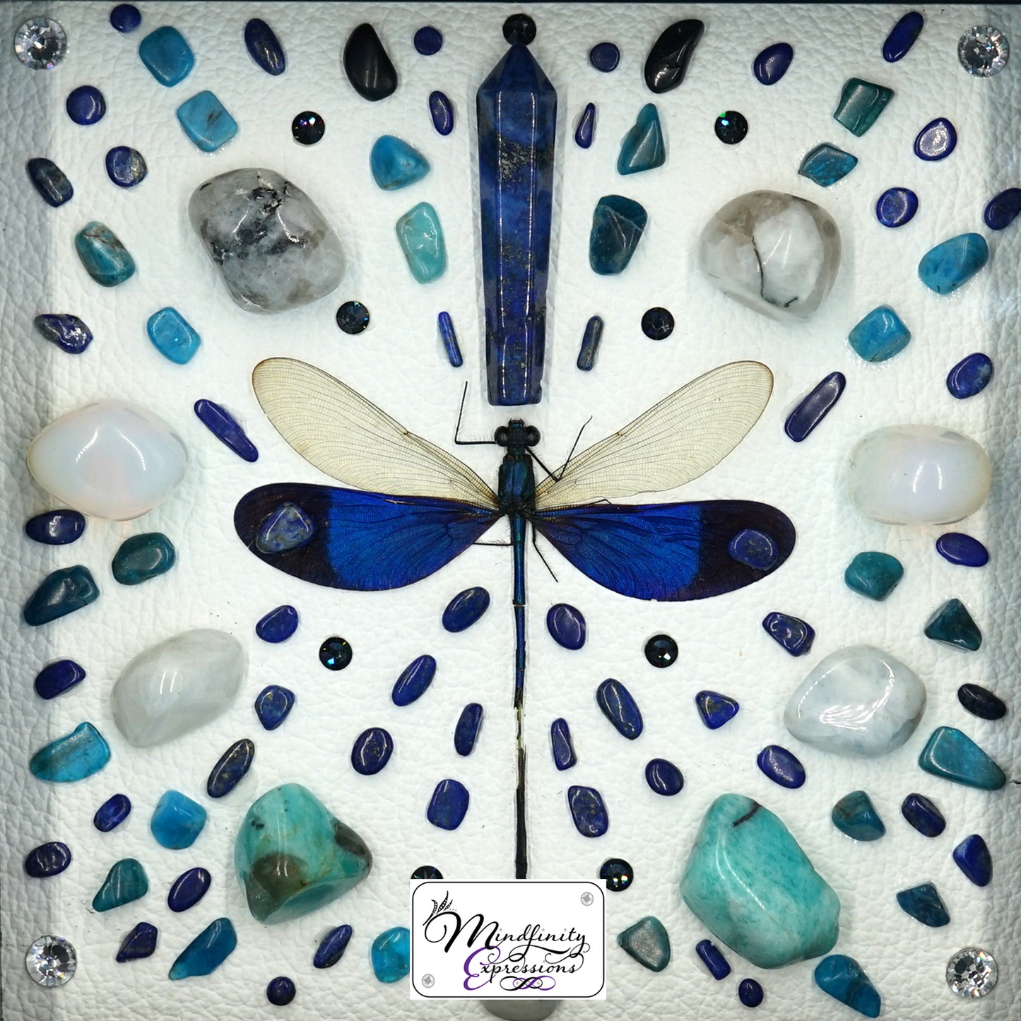 shadow box art, blue Dragonfly, Calligaris genuine leather, crystals, Swarovski crystals, gemstones, gems, sacred geometry, healing art, crystal art, crystal grid, energy healing, crystal healing, crystal energy, crystal grid, healing, healing energy, healing art, sacred geometry, handmade, luxury art, Amazonite, Blue Apatite, Lapis Lazuli, Rainbow Moonstone, Opalite