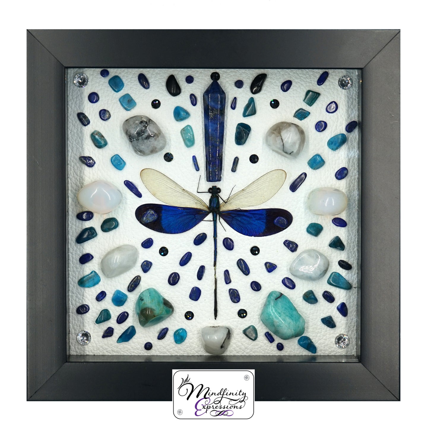 shadow box art, blue Dragonfly, Calligaris genuine leather, crystals, Swarovski crystals, gemstones, gems, sacred geometry, healing art, crystal art, crystal grid, energy healing, crystal healing, crystal energy, crystal grid, healing, healing energy, healing art, sacred geometry, handmade, luxury art, Amazonite, Blue Apatite, Lapis Lazuli, Rainbow Moonstone, Opalite